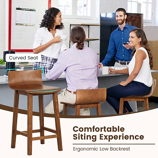 SUGIFT Set of 2 Mid-Century Wood Solid Back and Acacia Legs 30-in H 330-lb Rated Bar Stools Brown
