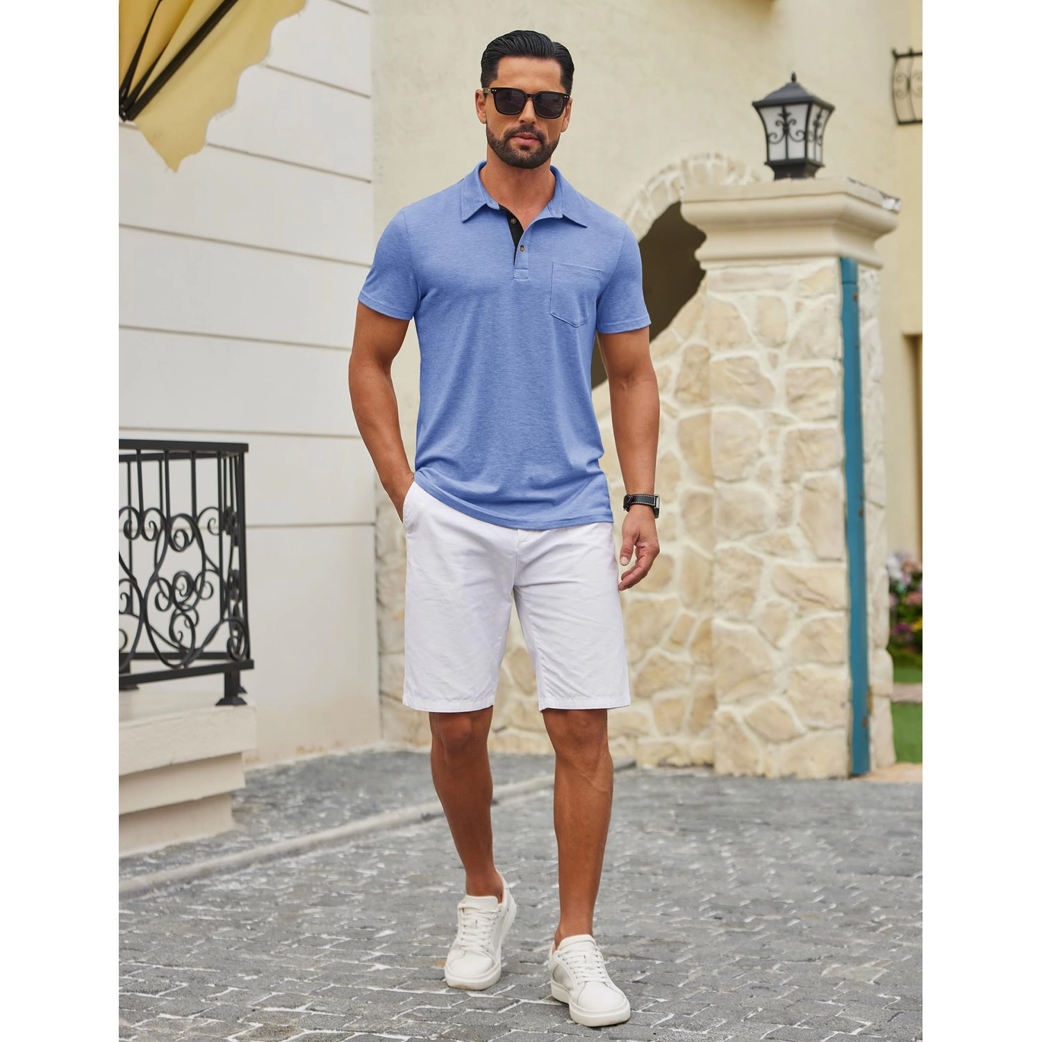 COOFANDY Mens Cable Knit Polo Shirt Short Sleeve Button Down Casual  Tops