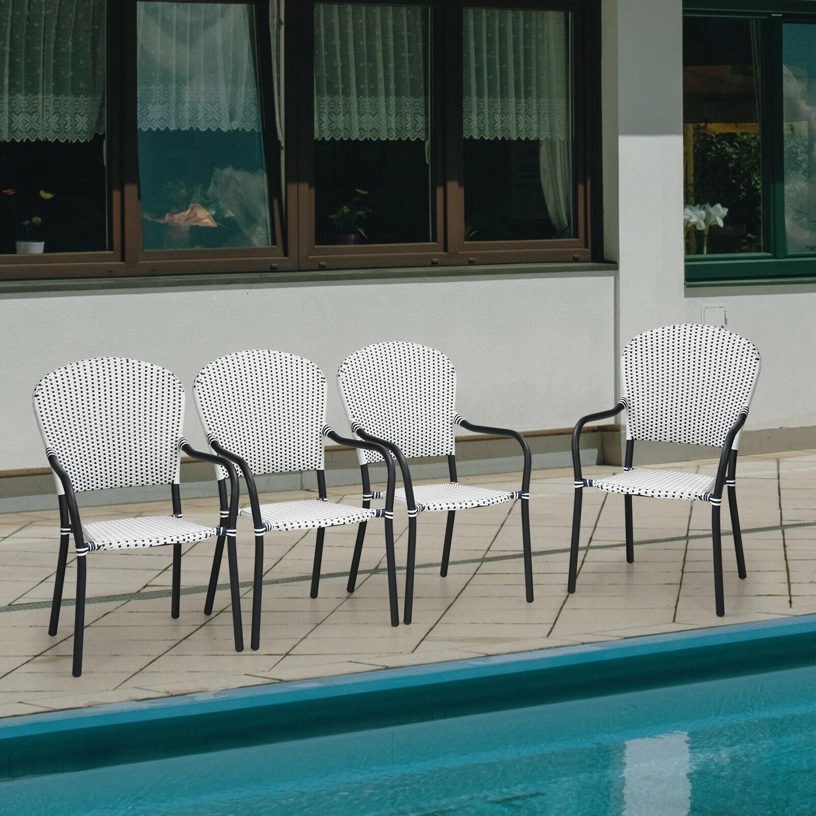 SUGIFT White Rattan Stackable Curved Armrests Garden Set of 4 Patio Dining Chairs