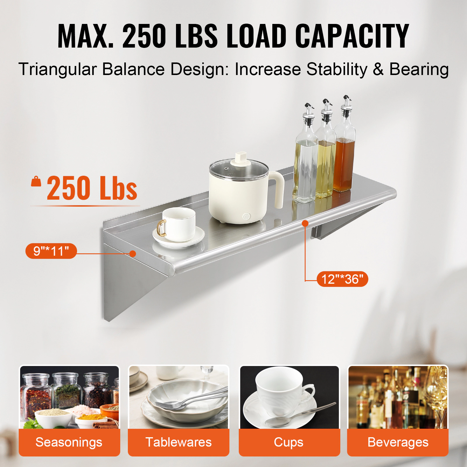 HONGGE Heavy Duty Stainless Steel Wall Mounted Floating Shelving with Brackets for Commercial Storage