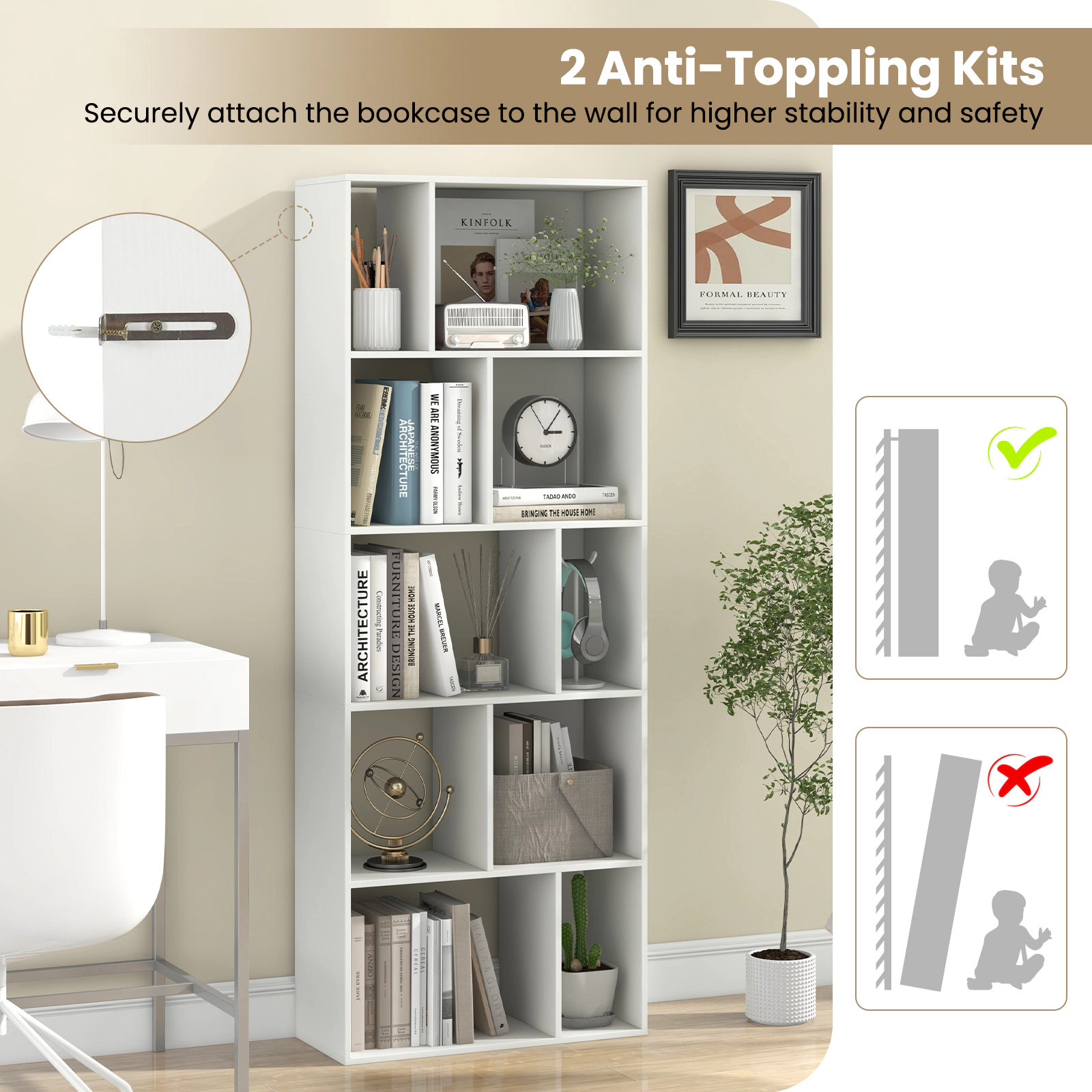 SUGIFT 5-Tier White 63-in Tall 10-Cube Geometric Bookshelf with Anti-Falling Back Panel and Storage Shelf