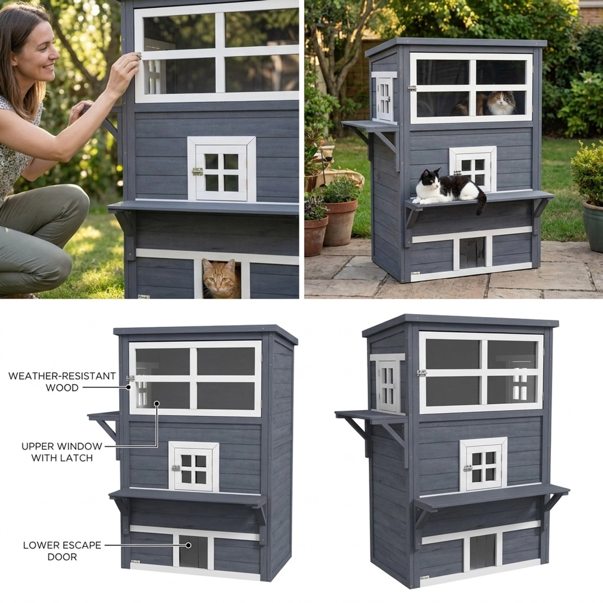 212 Main Paw Hut Cat House, Outdoor 3-Tier Kitty Shelter, Weather Resistant with Escape Door