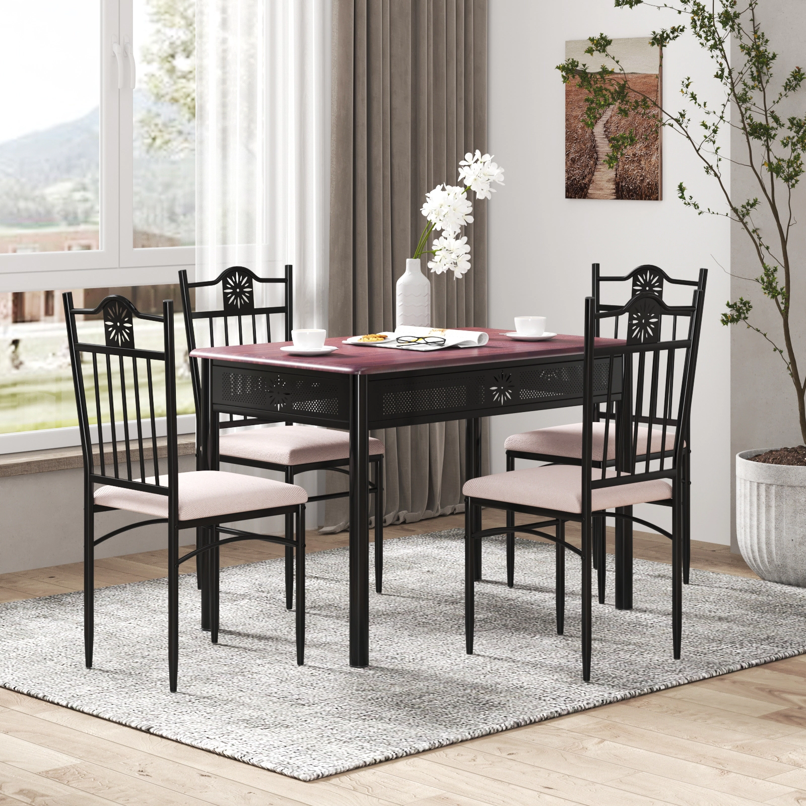 SUGIFT Natural 42 Inch Wood Metal Table and 4 Cushioned Chairs 5-Piece Dining Set