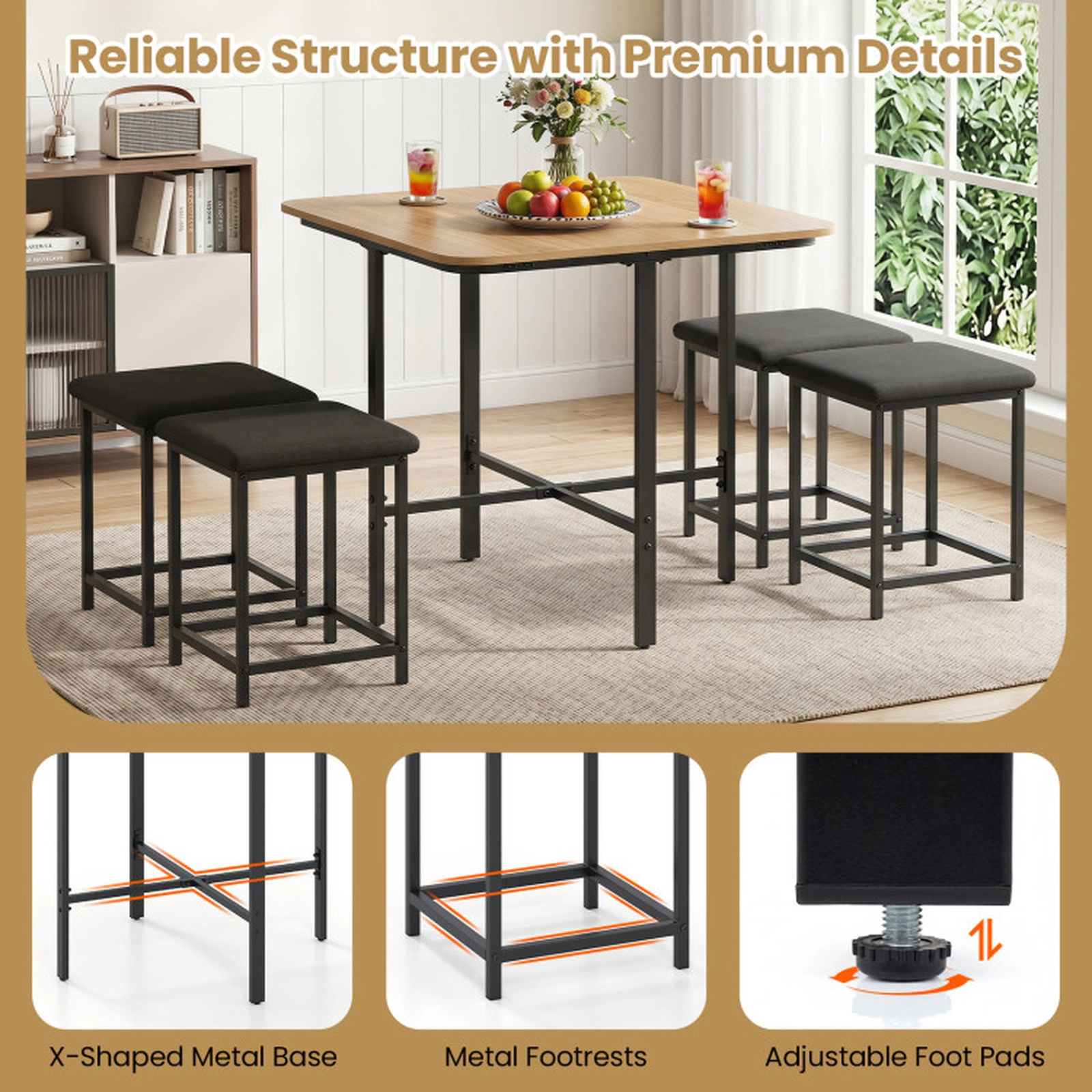 SUGIFT 5-Piece White Dining Table Set, 35.5-in Square Table with 4 Linen Upholstered Stools