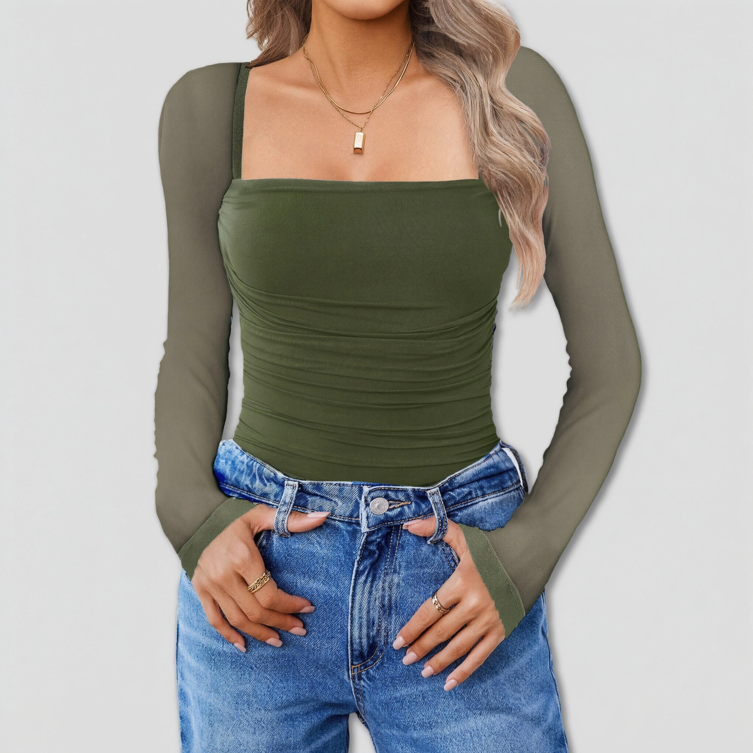 Avidlove Women's Mesh Long Sleeve Square Neck Ruched Bodysuit