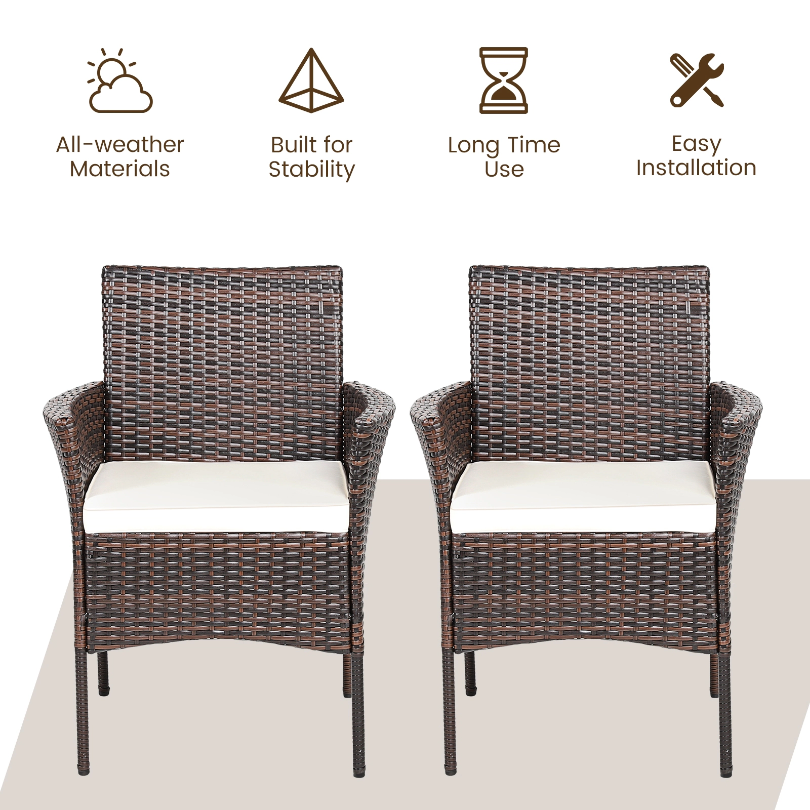 SUGIFT 2-Piece Outdoor PE Rattan Dining Armchairs Removable Cushions 360-Lb Capacity Mix Brown Rattan Off White Cushions