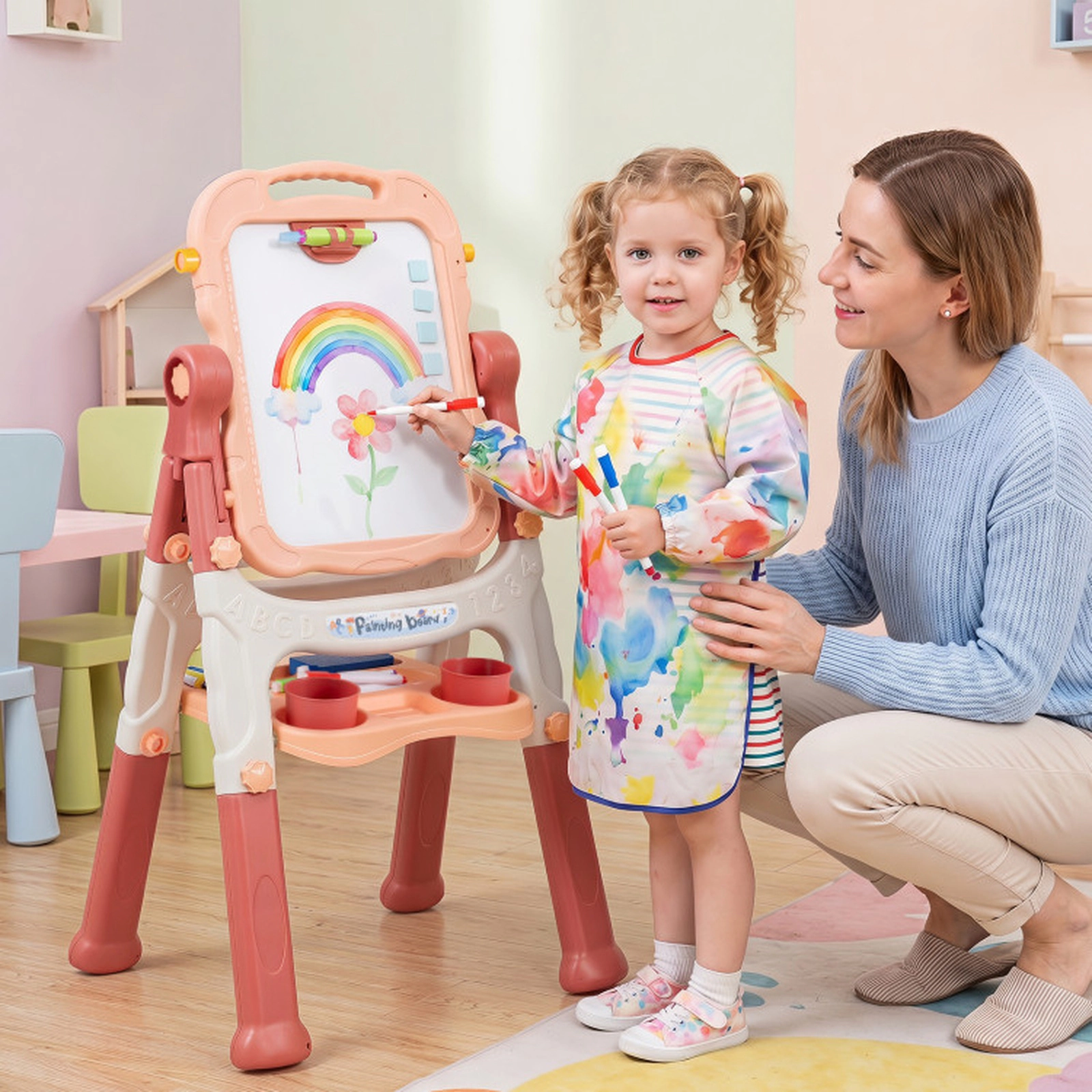 SUGIFT Pink 360-Degree Swivel Board and 2 Height Settings Kids Art Easel