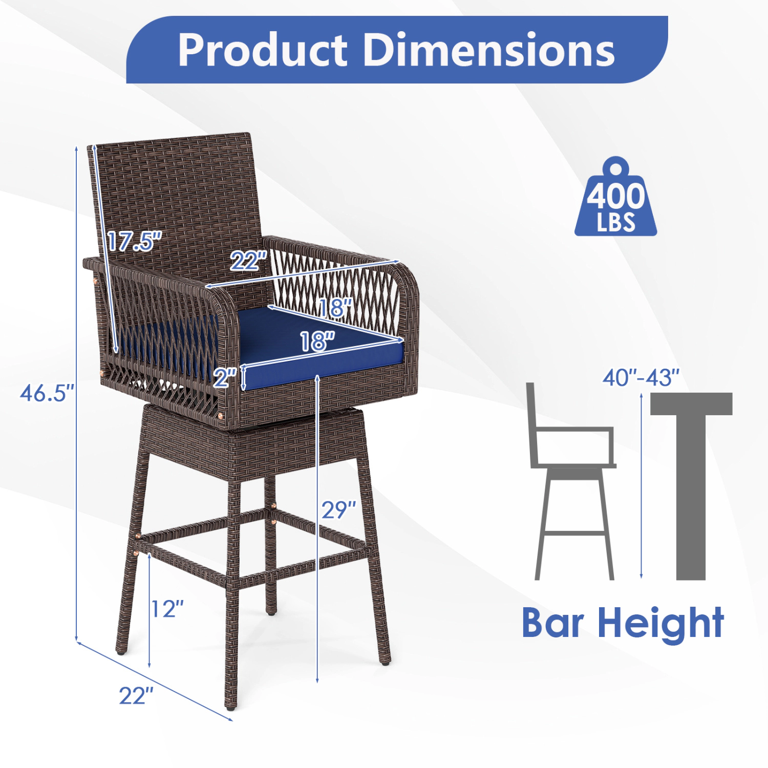 LJG 29" Bar Height Patio 360° Swivel Bar Stool with Cross-Woven Armrests Footrest and Seat Cushion