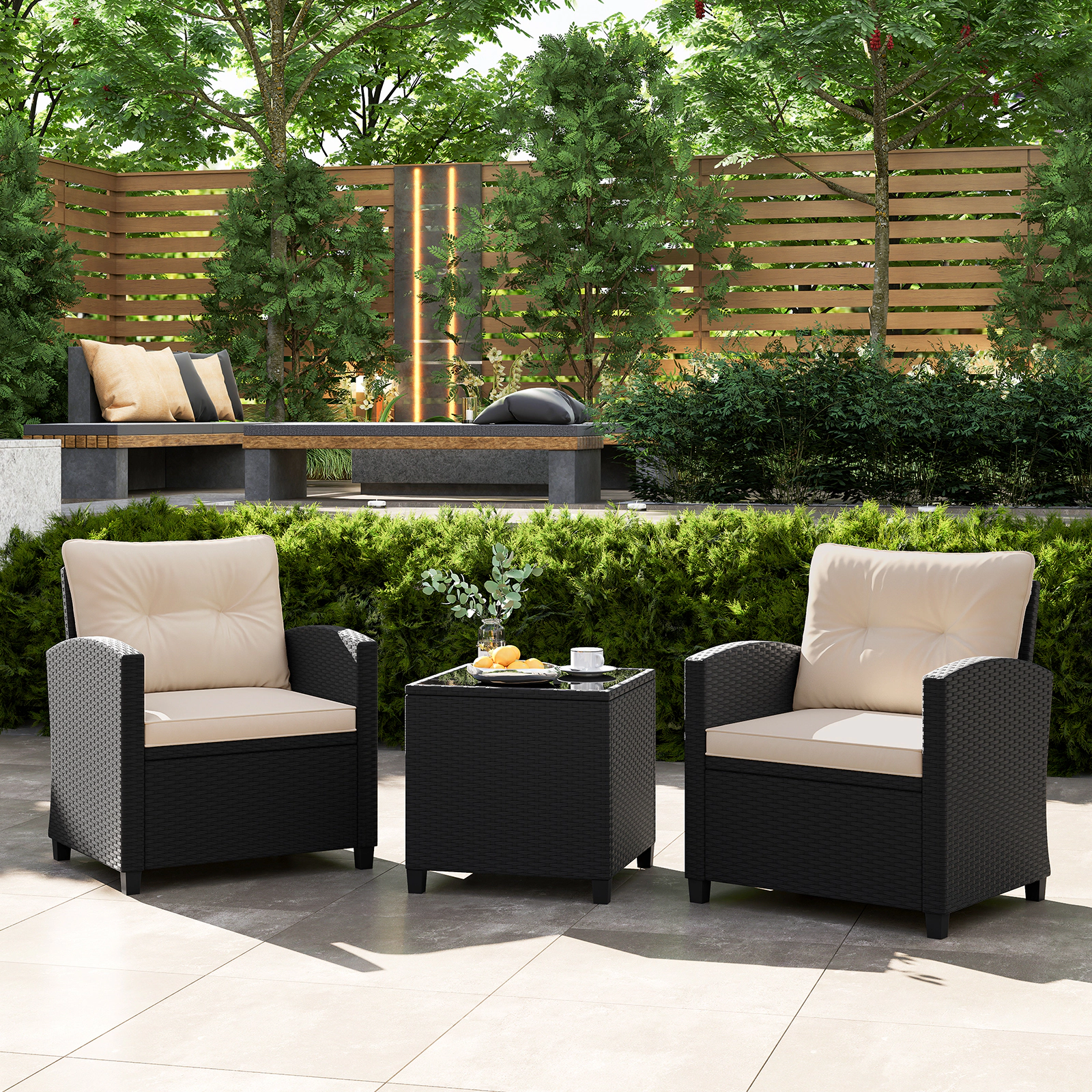 SUGIFT 3-Piece PE Rattan Patio Conversation Set with Tempered Glass Coffee Table 400-lb Chair Capacity Off White