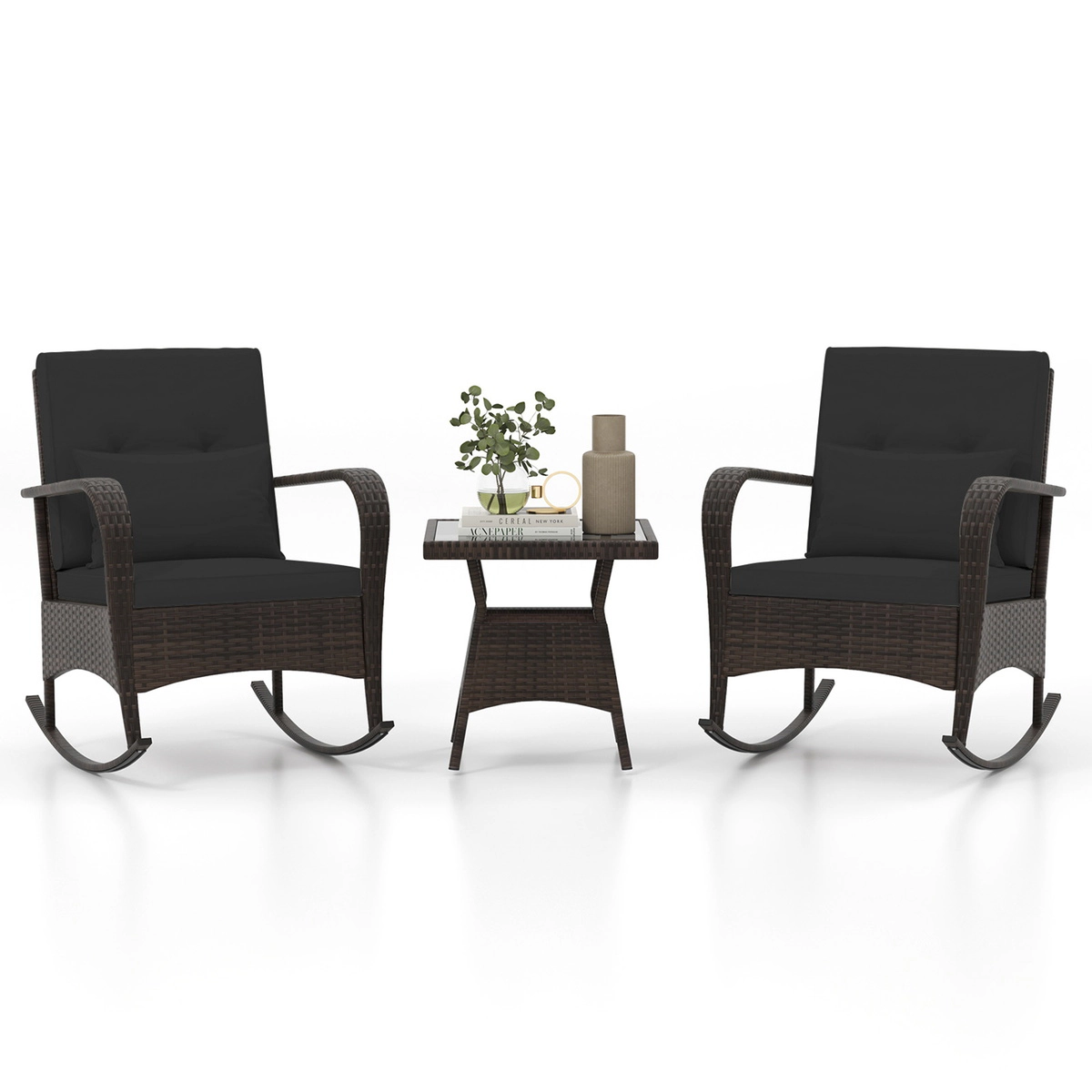 SUGIFT 3-Piece Brown Outdoor Rocking Bistro Set with 2 Wicker Chairs and Glass Coffee Table