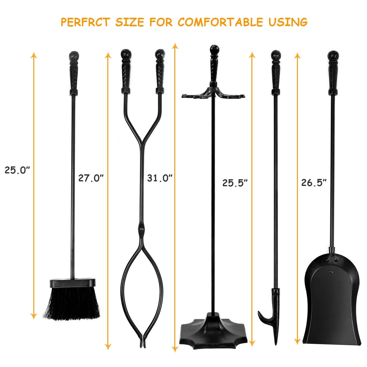 SUGIFT 5-Piece Iron Hearth Fireplace Tool Set and Stand Poker Tong Brush Shovel 31-in Tall 7 x 7-in Base Bronze/Black