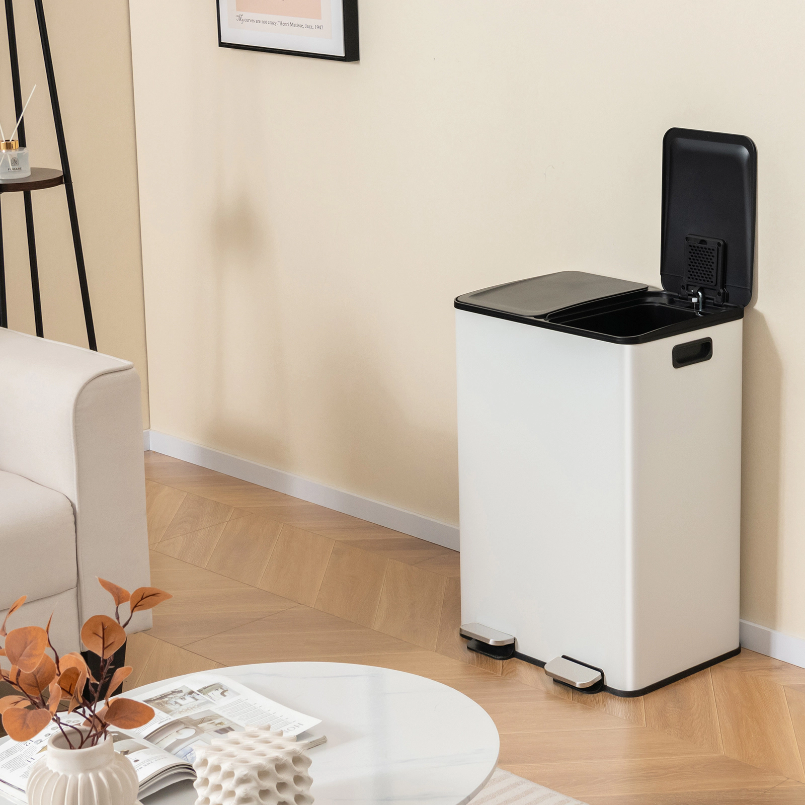 SUGIFT 16-Gal Dual Barrel Soft-Close Pedal Deodorizer Trash Can 19-in x 15-in x 27-in 39-in Open Height White