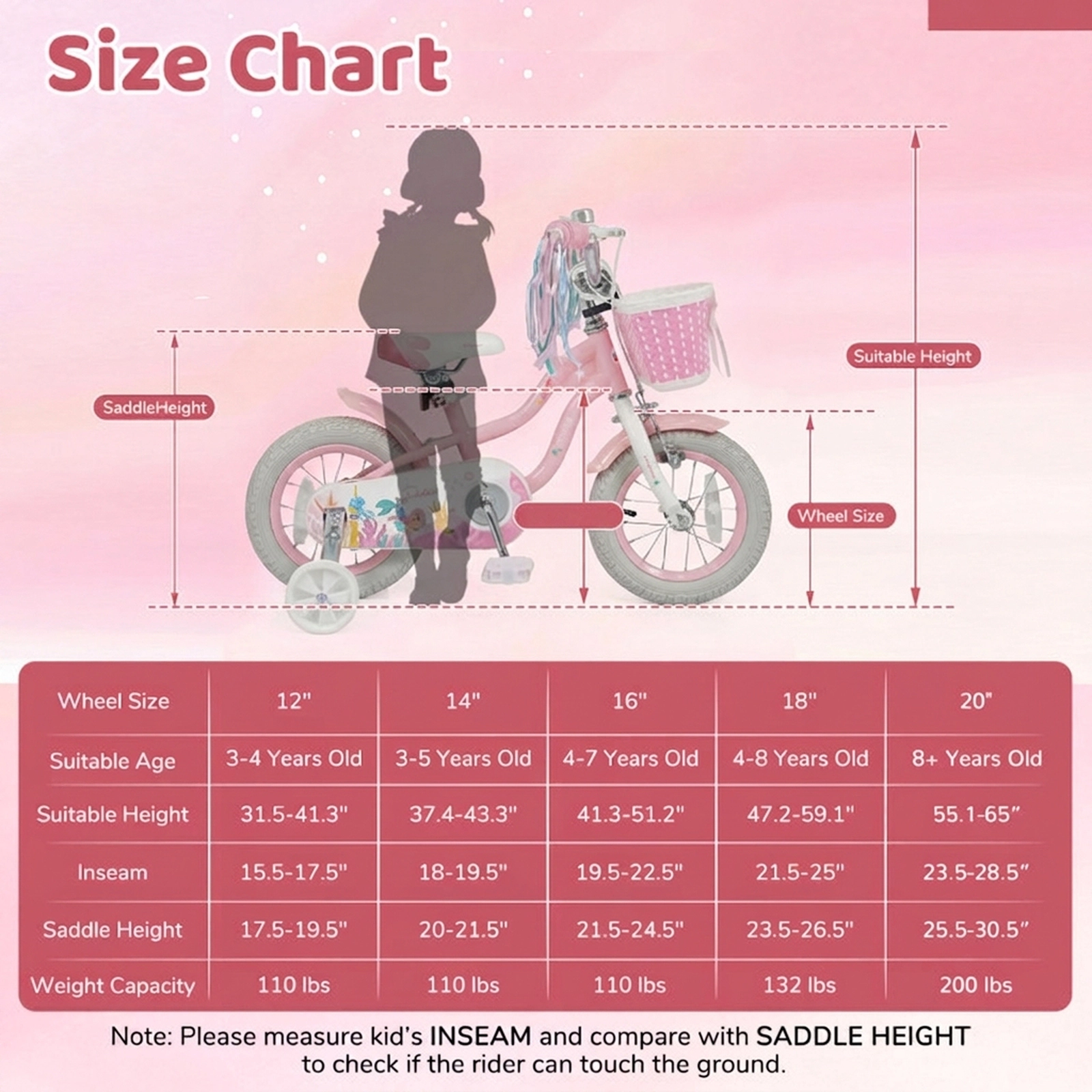 SUGIFT Adjustable 12-Inch Kids Bicycle with Training Wheels Basket and Streamers 110-lb Capacity Ages 3-4 Pink