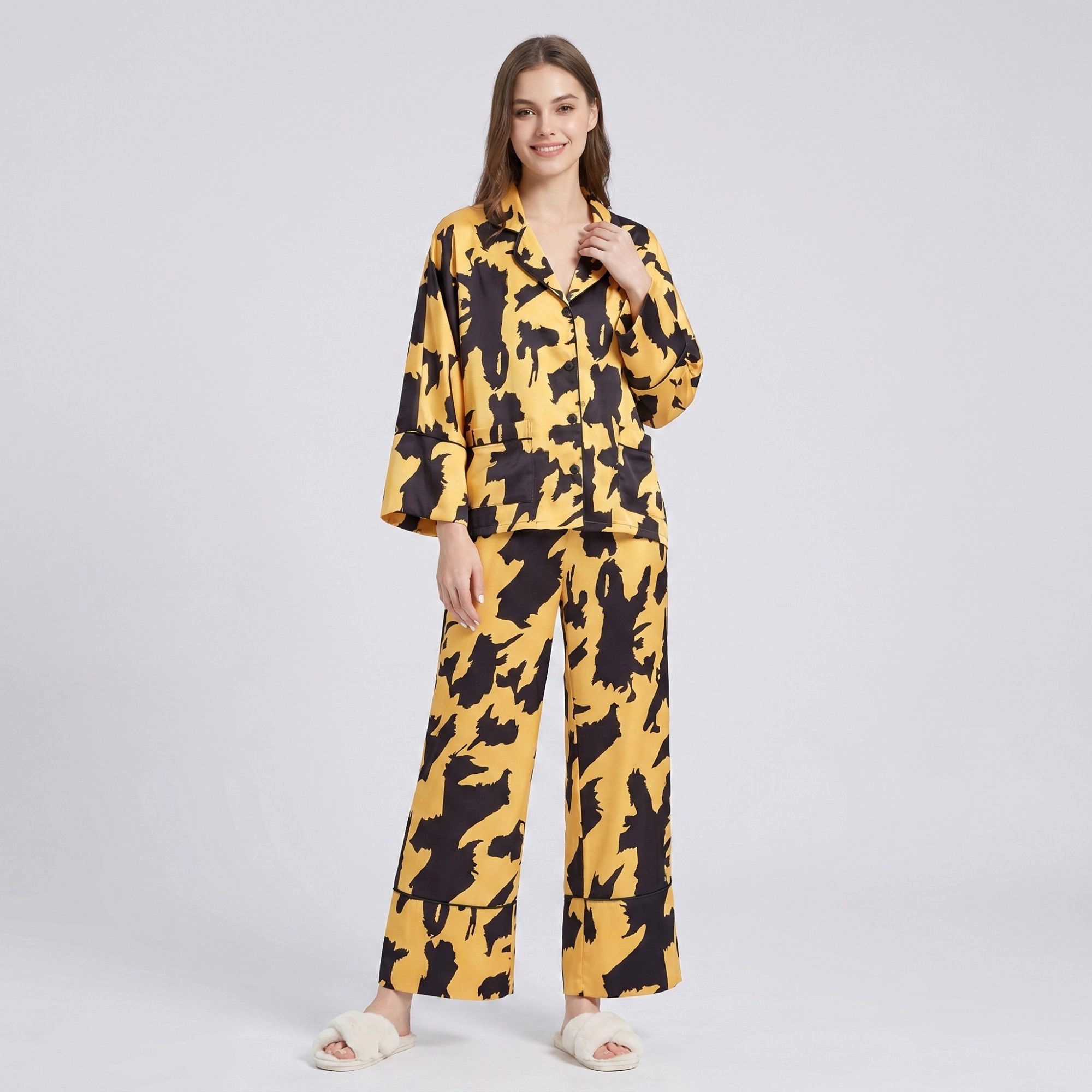 Anna-Kaci Women's 2-Piece Abstract Print Pajama Set with Button Front Top and Wide Leg Pants