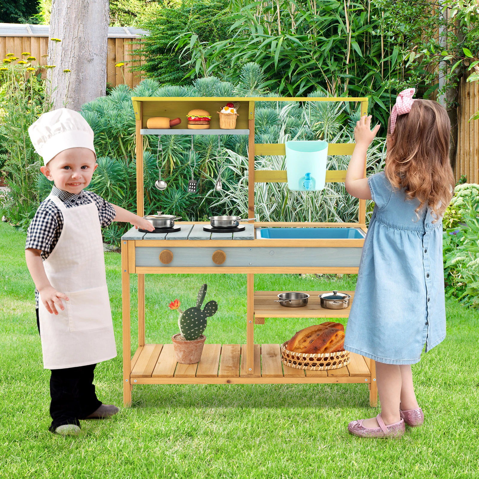 SUGIFT Natural Faucet Water Box and Removable Sink Outdoor Kids Wooden Mud Kitchen
