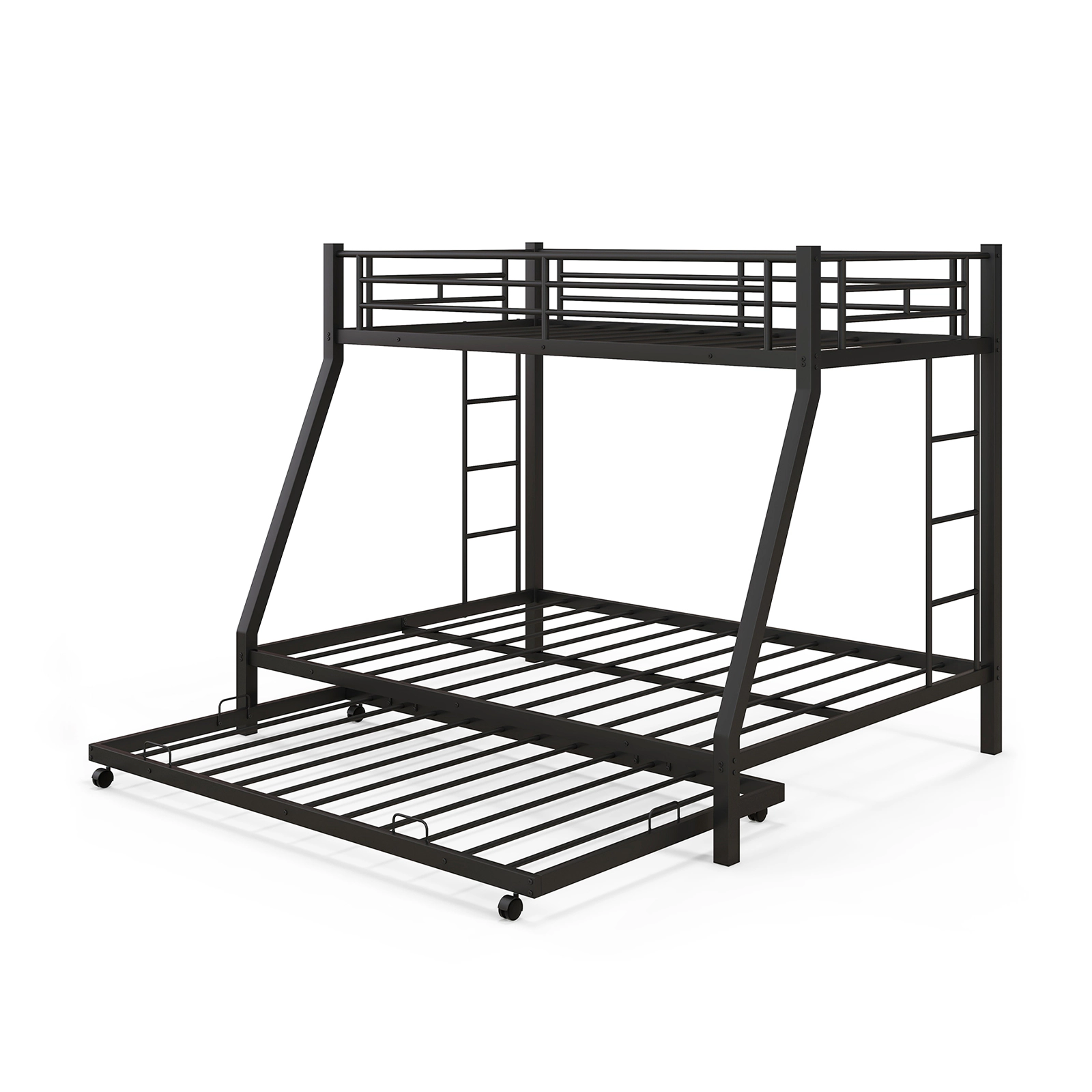SUGIFT Black Roll-Out Trundle and Full-Length Guardrail Twin Over Full Kids Metal Bunk Bed