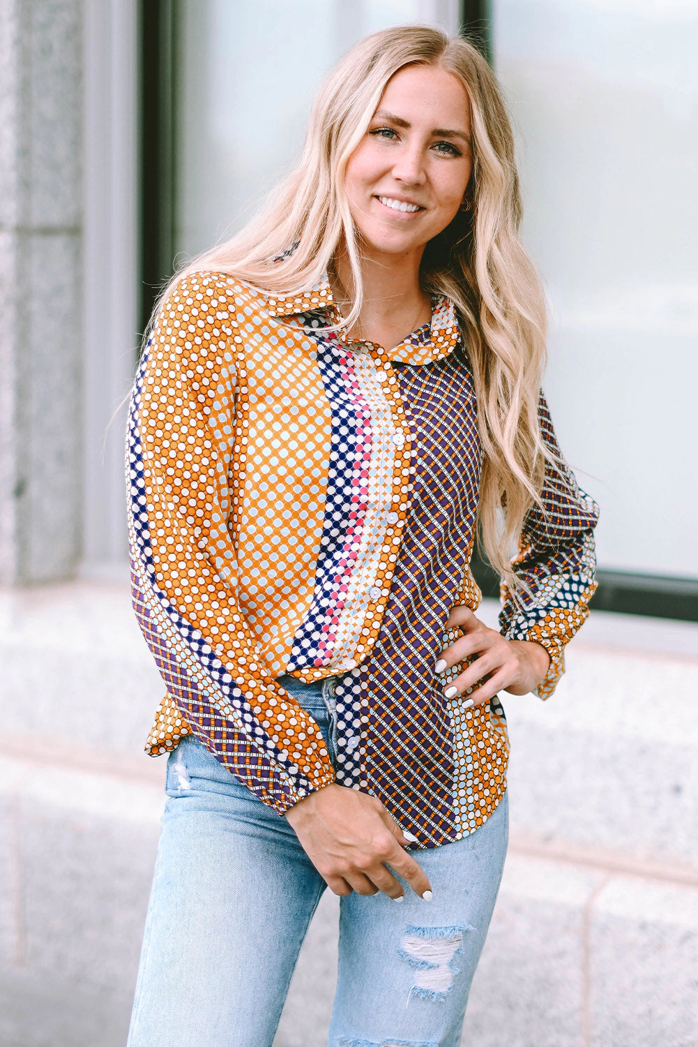 Threaded Pear Women's Brown Dot Print Long Sleeve Button Down Shift PLUS Shirt