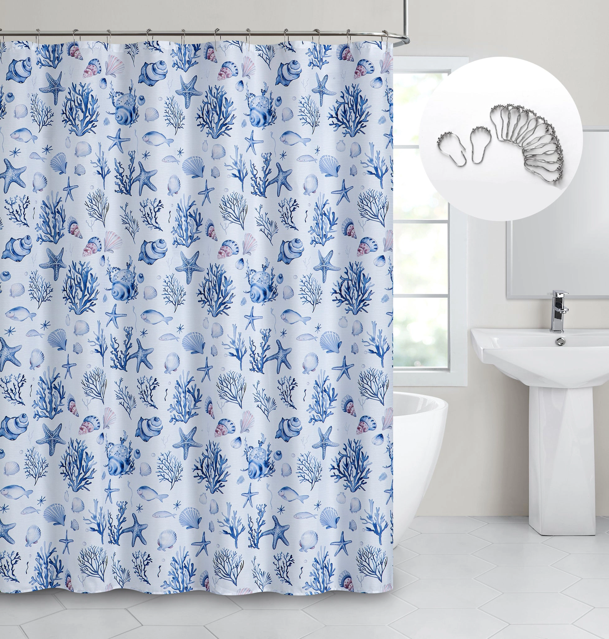 Dainty Home Seaside 3D Textured Fabric Shower Curtain with 12 Metal Rollerball Hooks, 70" x 72"