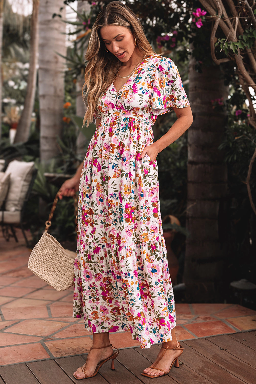 Threaded Pear Women's Kaitlyn Floral Short Sleeve Maxi Dress