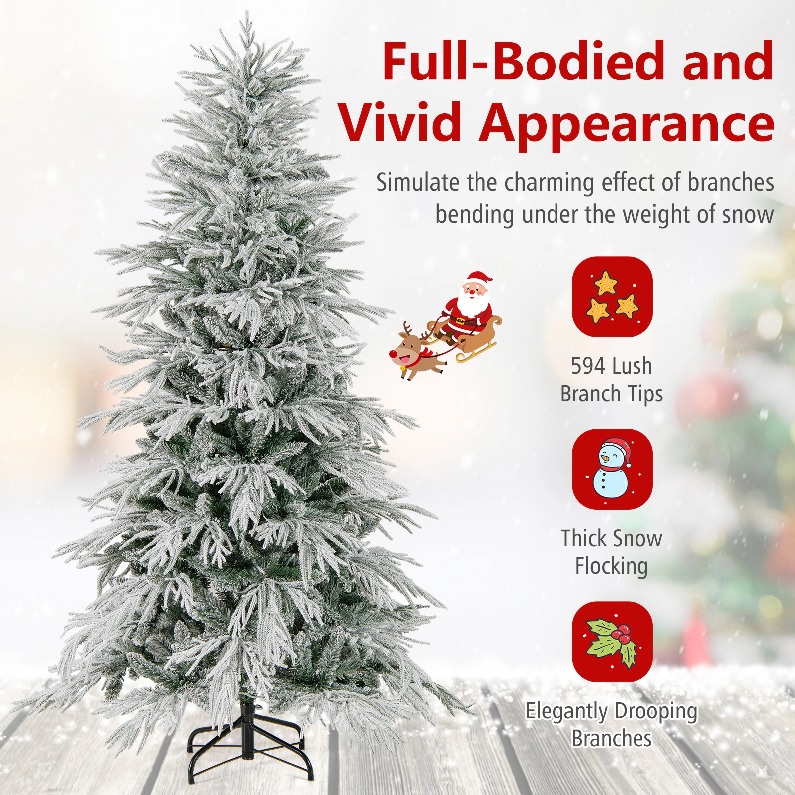 SUGIFT 6-ft Snow Flocked Hinged Pre-Lit Xmas Tree with 594 Branch Tips and 250 LED Lights and Gloves