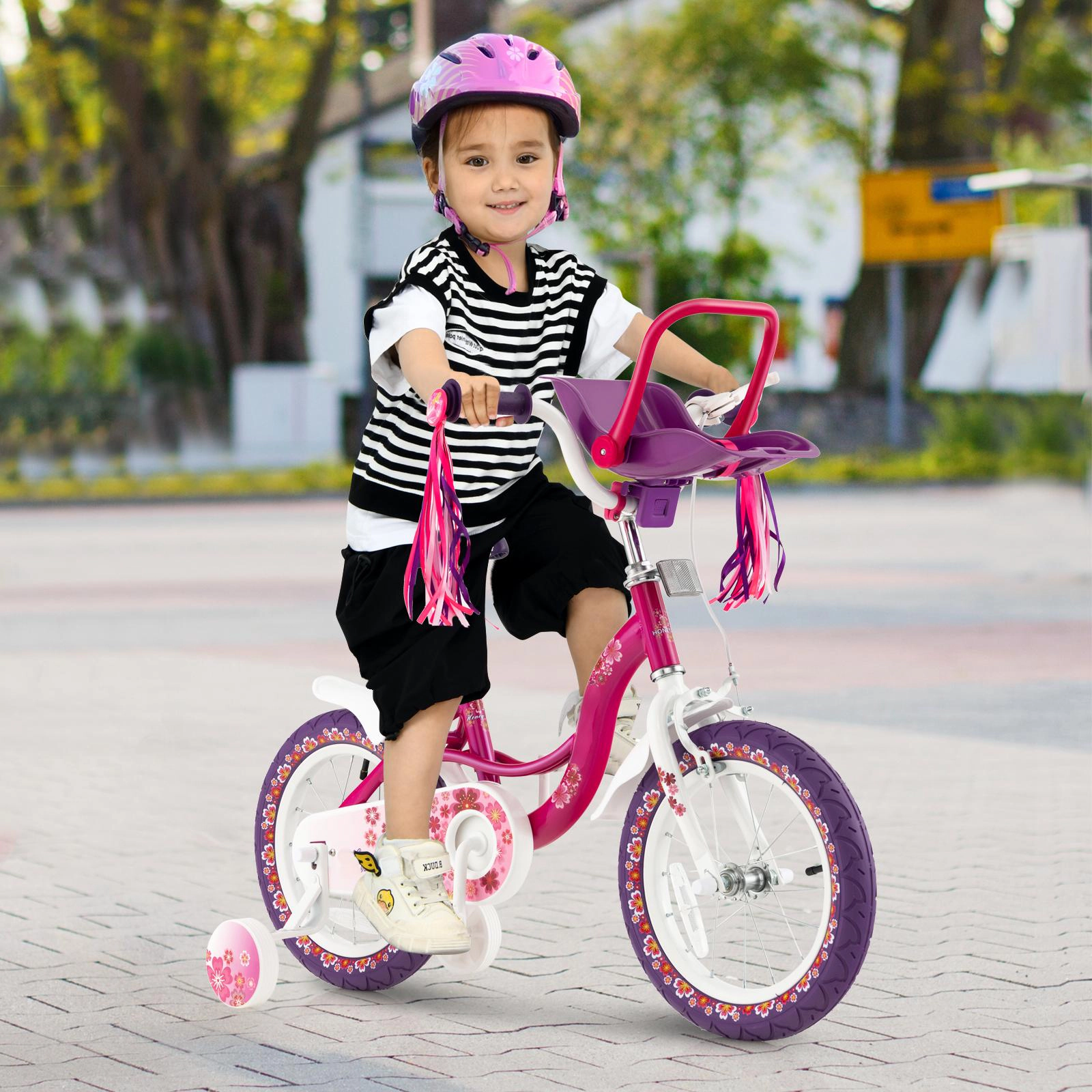 SUGIFT 14-in 80-lb Capacity Kids Bike with Detachable Doll Seat Reflectors and Removable Training Wheels