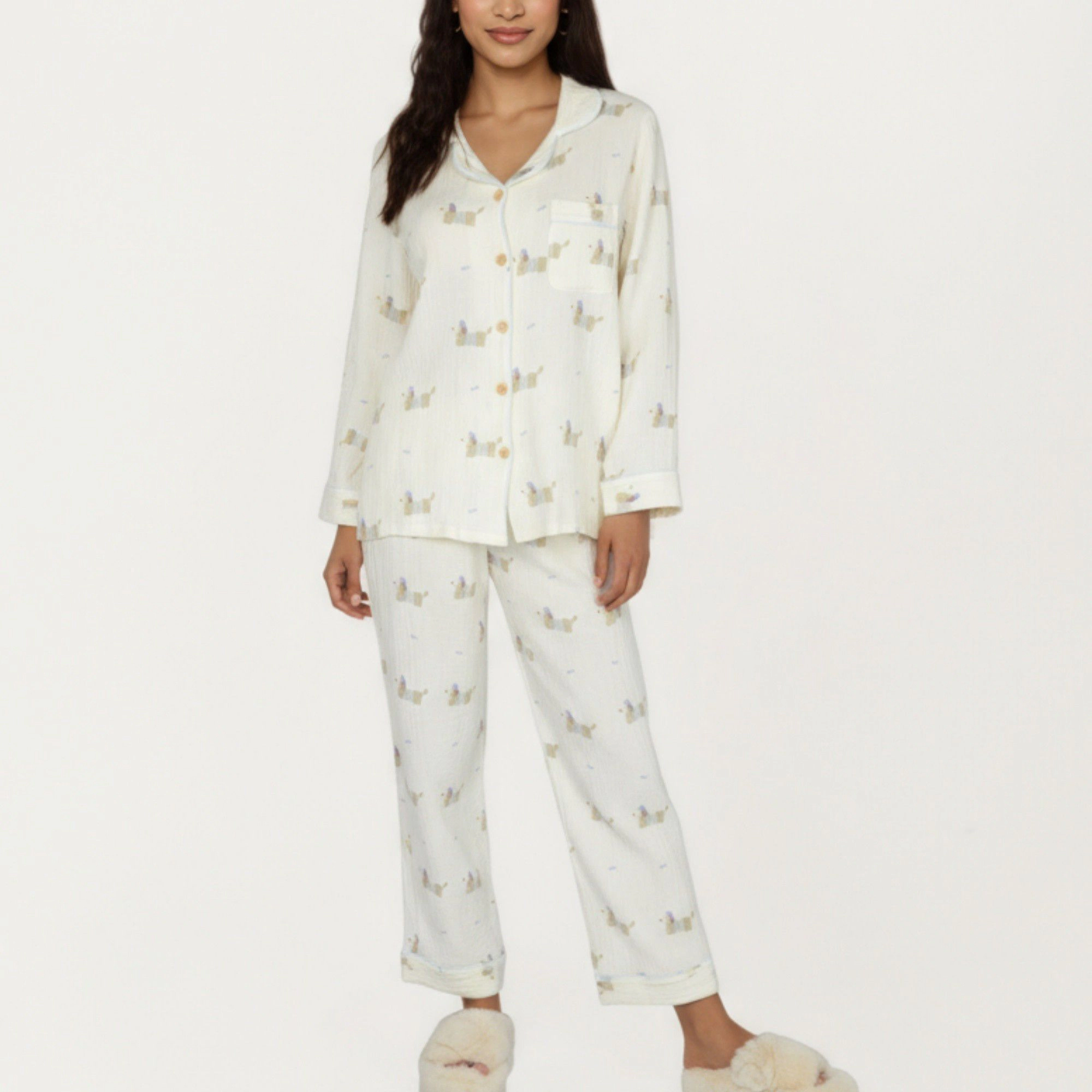 Anna-Kaci Women's 2-Piece Long Sleeve Button Front Top and Relaxed Fit Pants Pajama Set with Dog Print