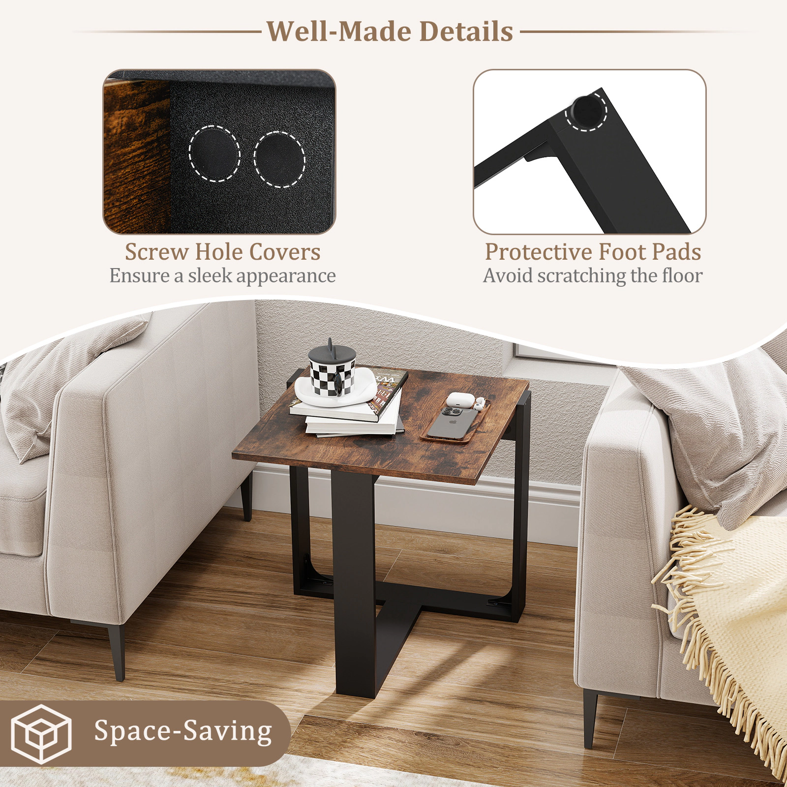 SUGIFT Tabletop Industrial Sofa End Table with T-Shaped Metal Frame 110-lb Capacity 20-in Square Rustic Brown & Black