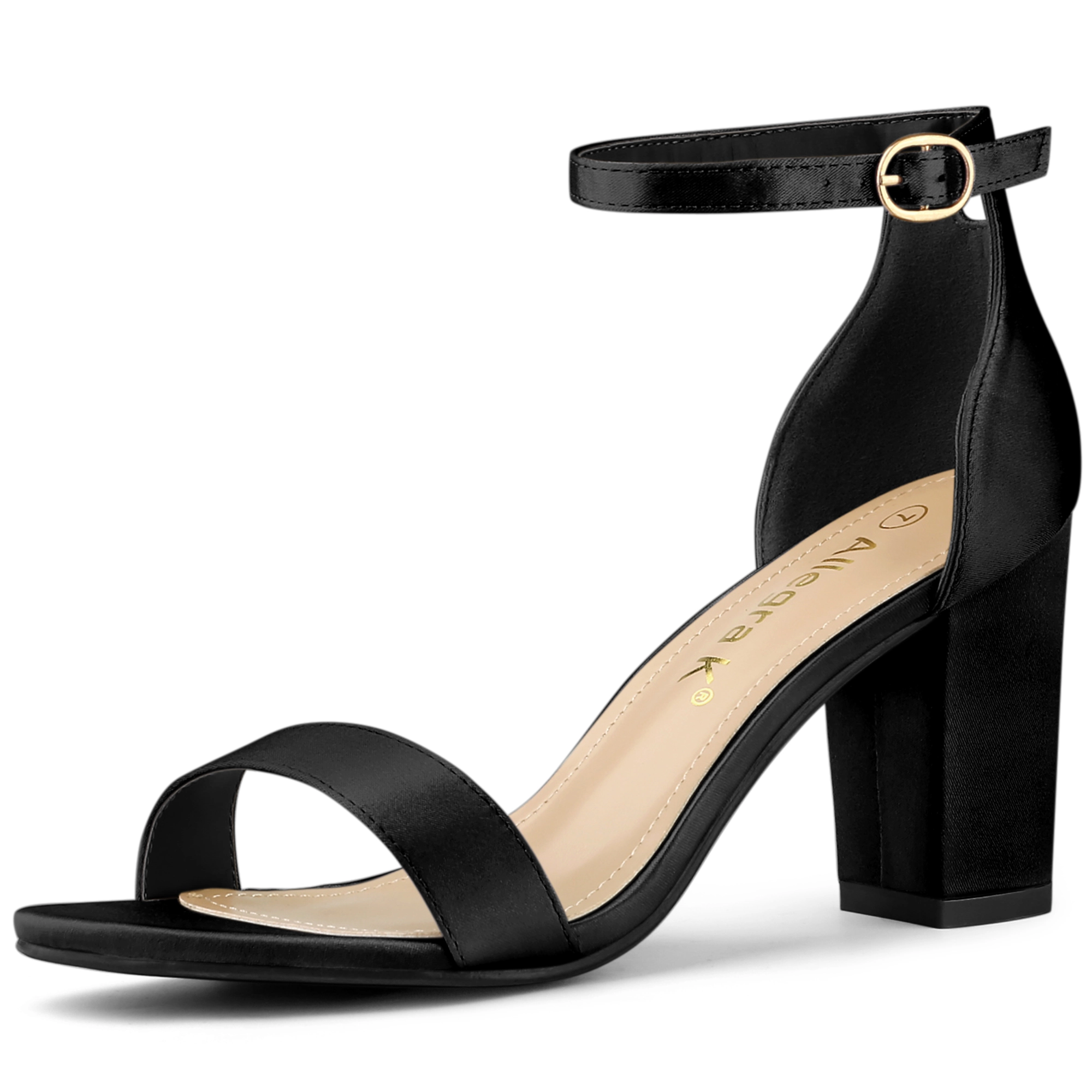 BLISSFUL STEP Women's Satin Open Toe Ankle Strap Chunky Heels Sandals