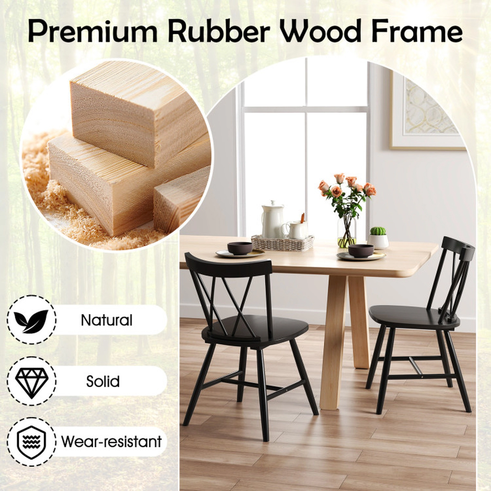 SUGIFT Black Farmhouse Cross Back Rubber Wood Frame Set of 2 Kitchen Dining Chairs