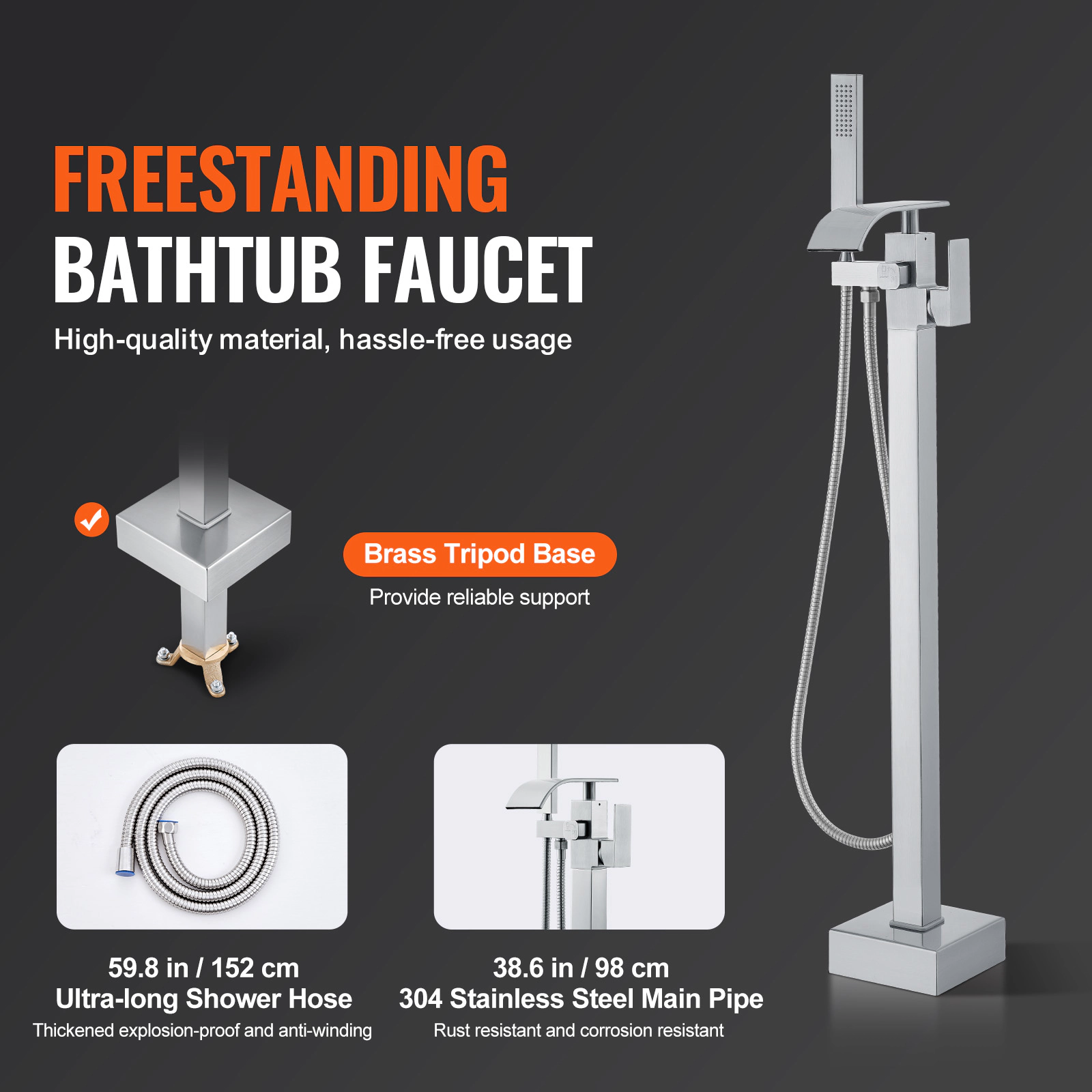 HONGGE Freestanding Bathtub Faucet with Handheld Shower, Floor Mount Tub Filler, 360 Degree Swivel Spout