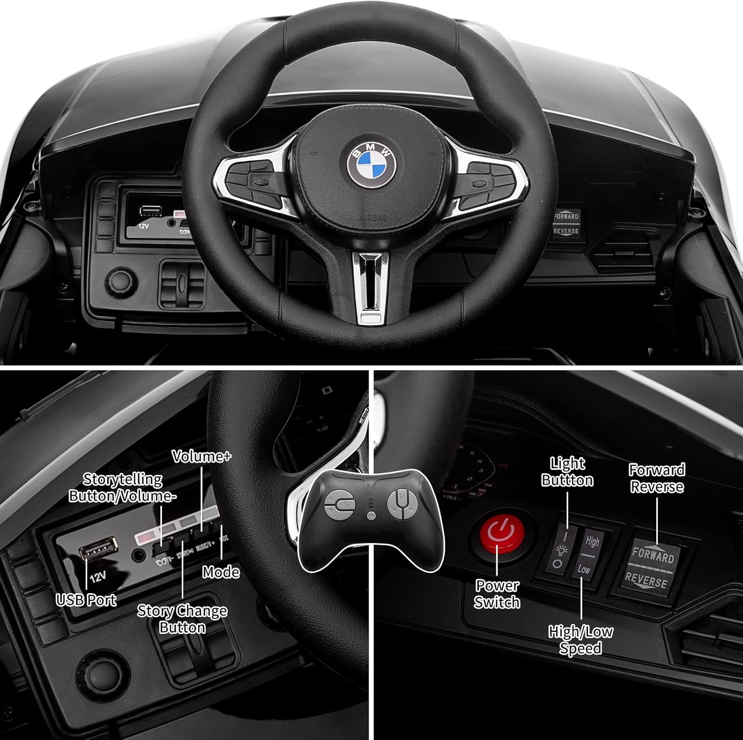 12V Licensed BMW M4 Kids Ride On Car, Electric Vehicle w/Remote Control, 3 Speeds, Bluetooth, MP3, LED Lights