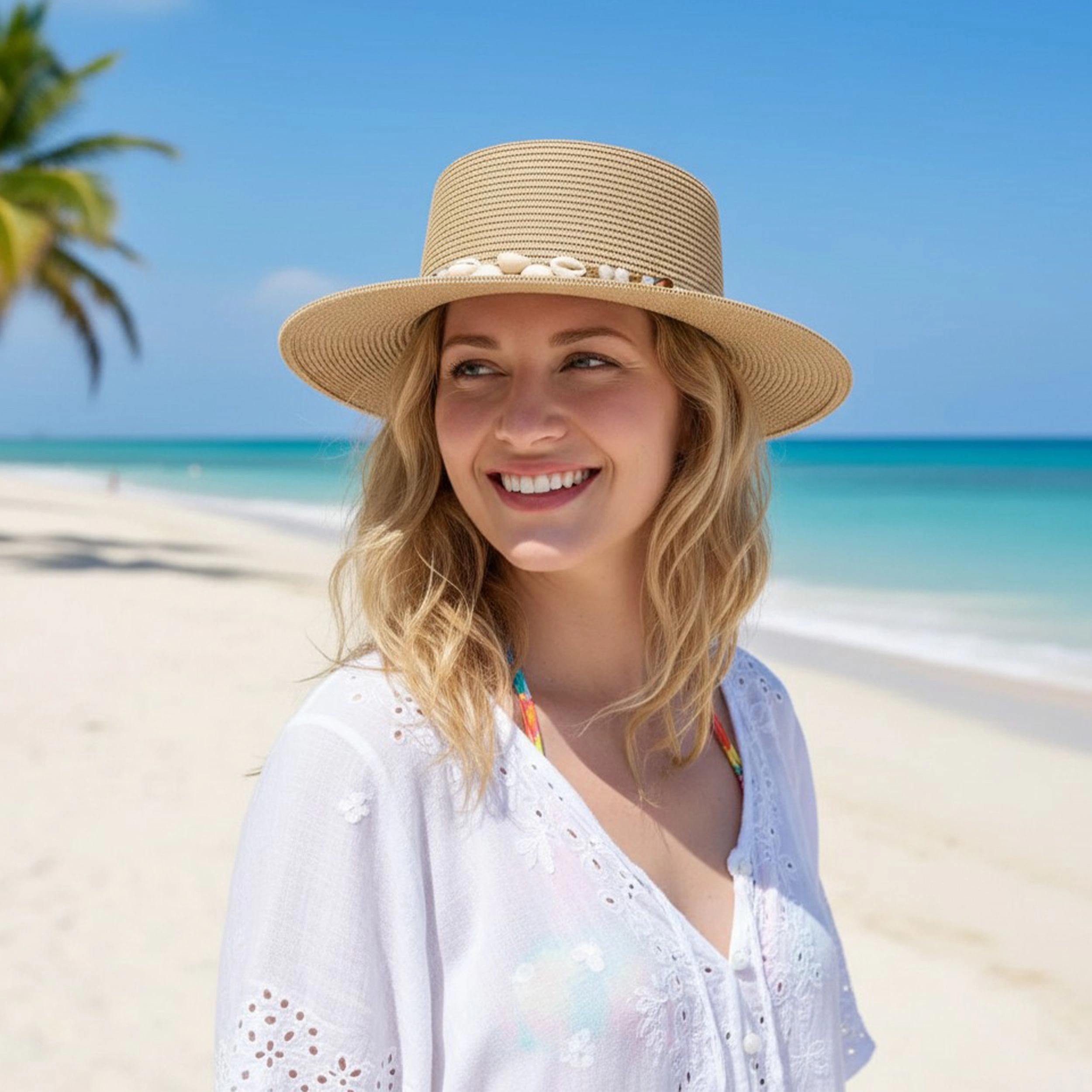 Anna-Kaci Women's Women Straw Boater Hat Wide Brim Summer Sun with Beaded Band Lightweight, Natural Multi Bead
