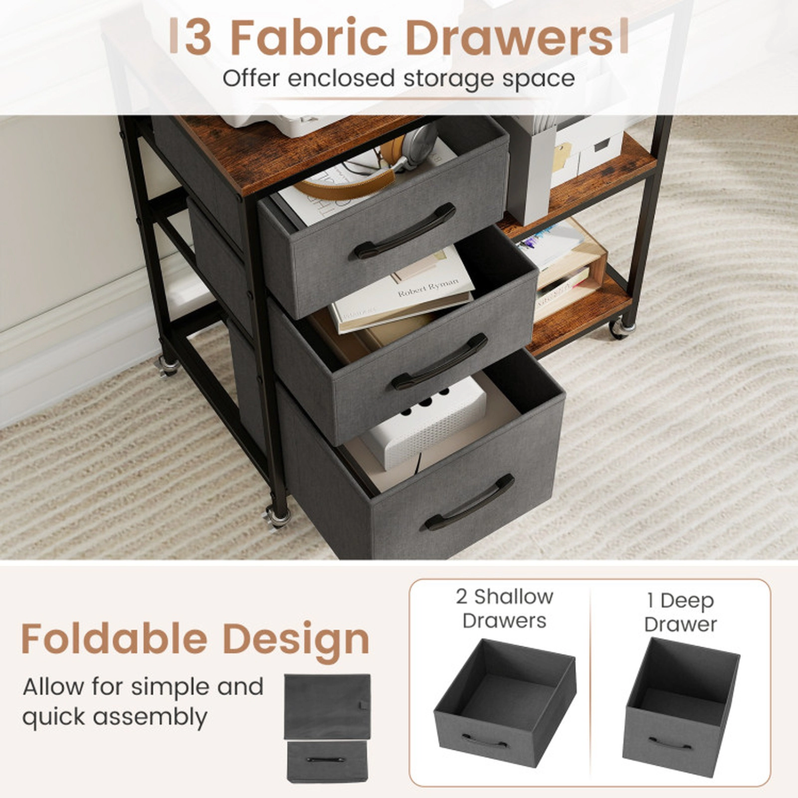 SUGIFT 3-Drawer Mobile File Cabinet with Charging Station and Open Shelves 44-lb Countertop Rustic Brown and Gray