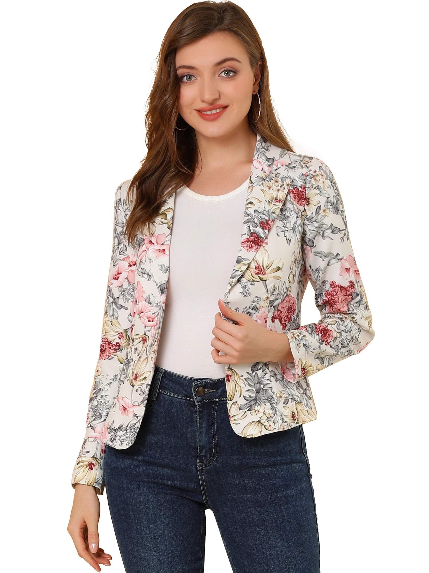 INSPIRE CHIC Women's Notched Lapel Open Front Print Business Casual Blazer