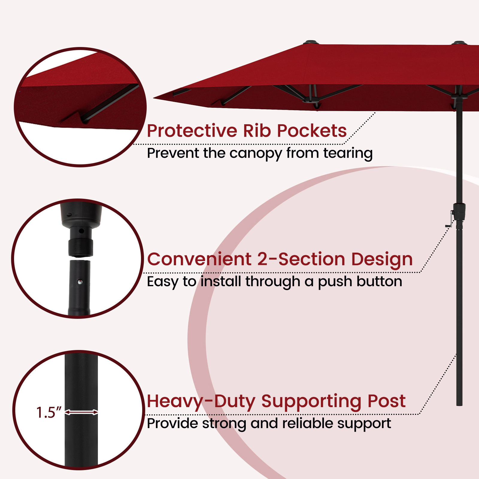 SUGIFT 13-ft Red Rectangular Double-Sided Market Patio Umbrella with Hand Crank and 12 Ribs for Yard