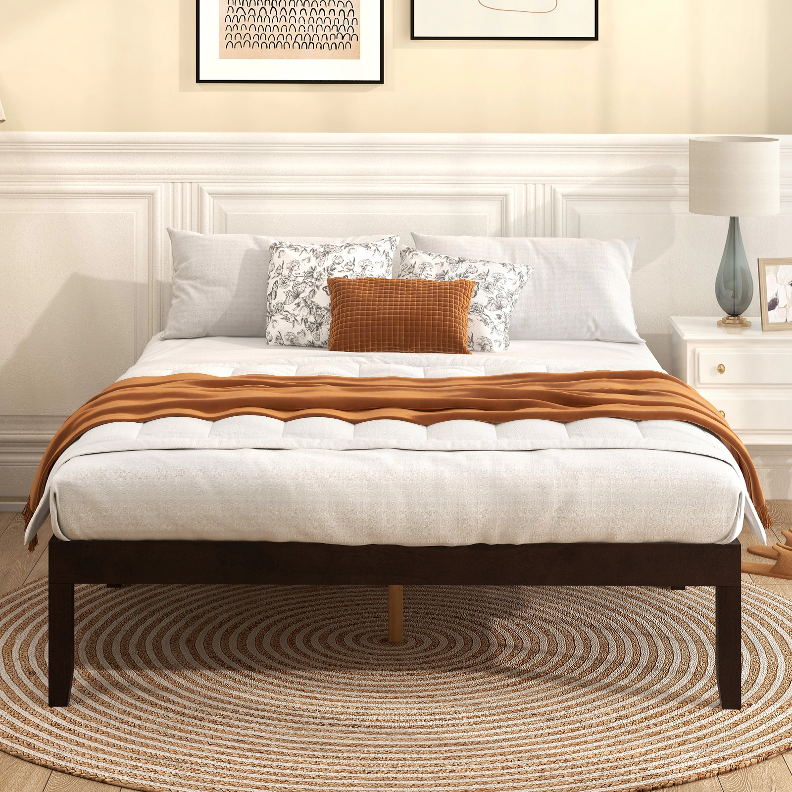 SUGIFT Wood Platform Bed Frame with Rubber Wood Legs 800-lb Capacity Full Size 10.5-in Under-Bed Space Espresso/Natural