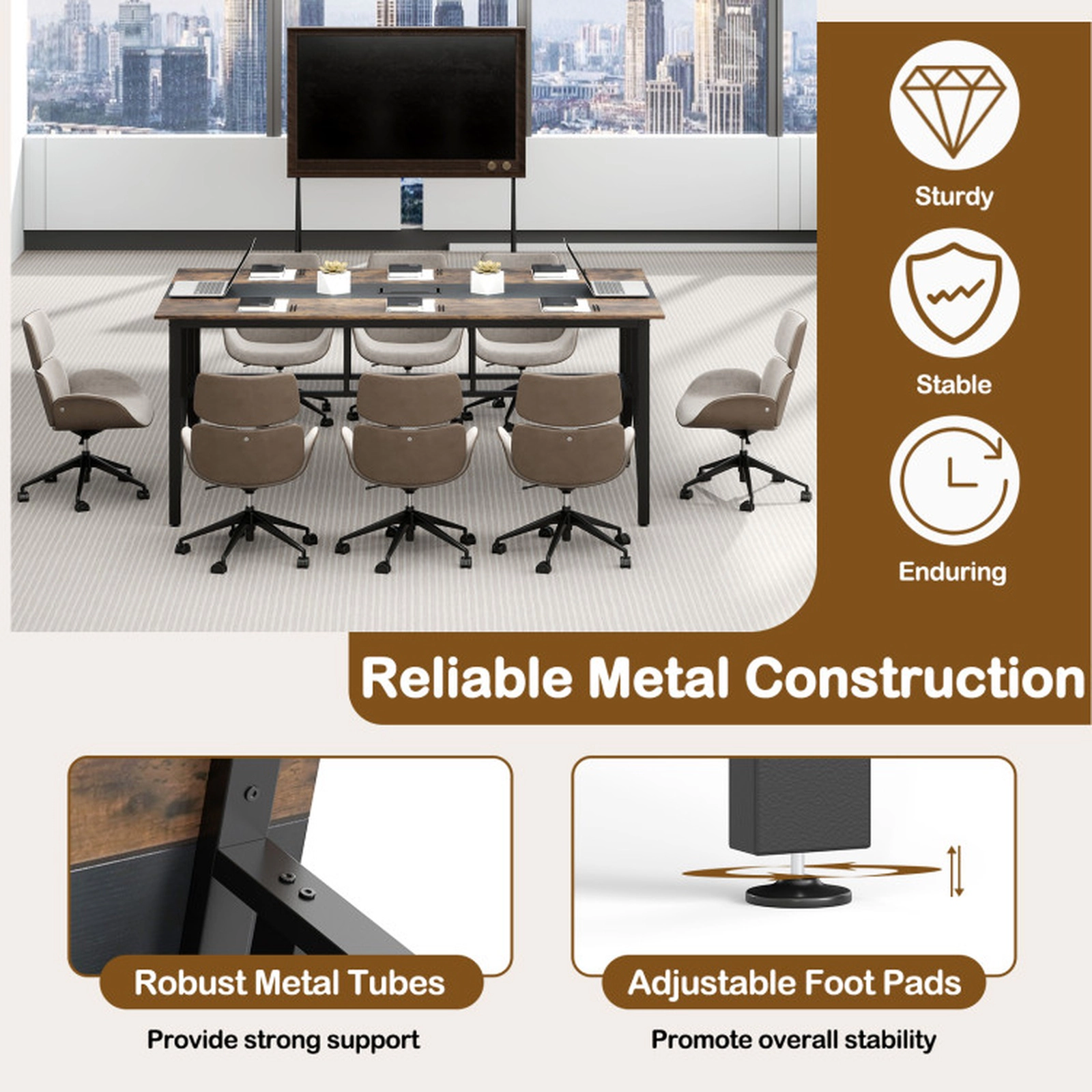SUGIFT Rustic Brown Mesh Storage Shelf and Cable Grommet 71 Inch Rectangular Conference Table