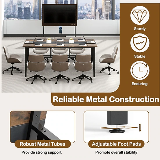 SUGIFT Rustic Brown Mesh Storage Shelf and Cable Grommet 71 Inch Rectangular Conference Table