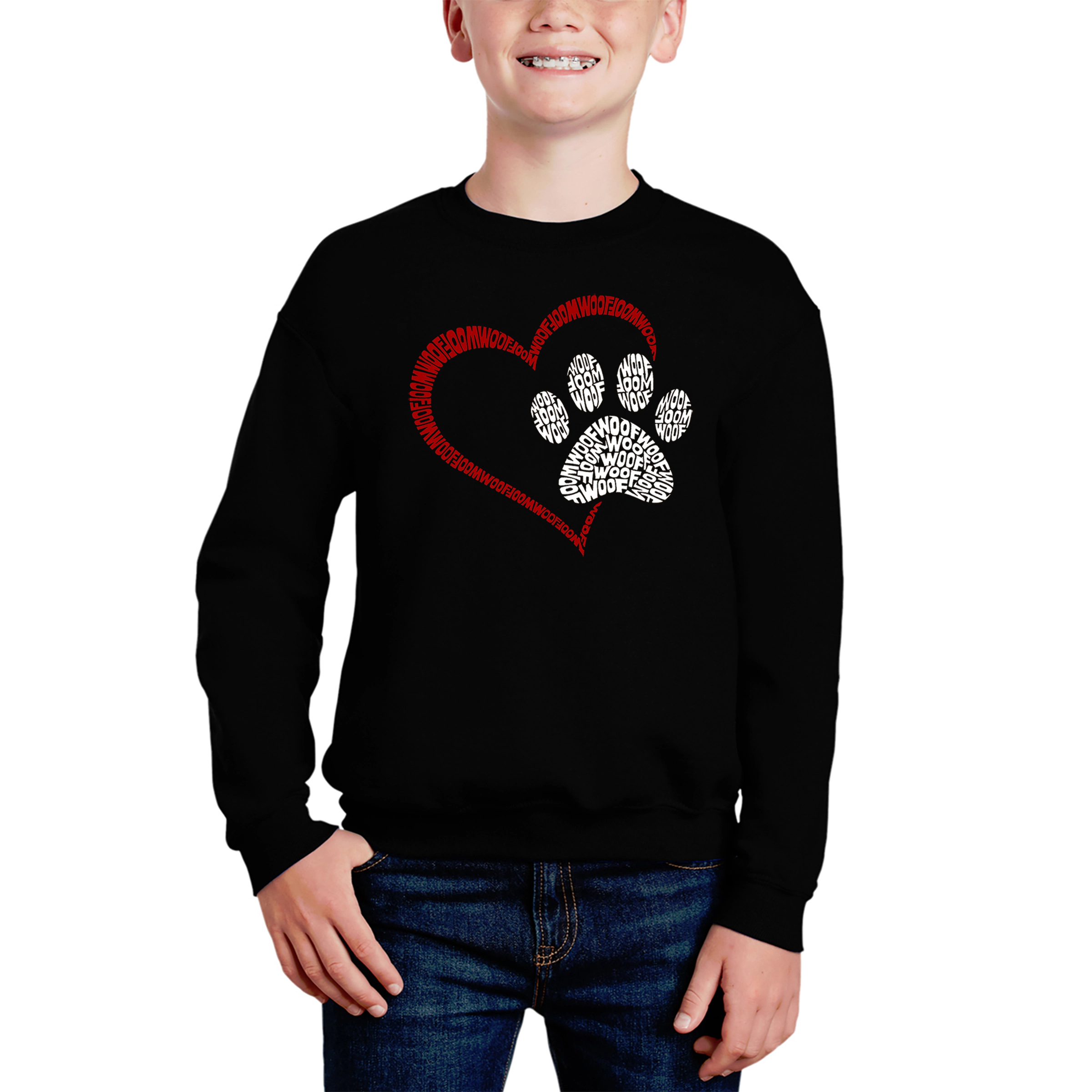 LA Pop Art Boy's Word Crewneck Sweatshirt - Paw Heart
