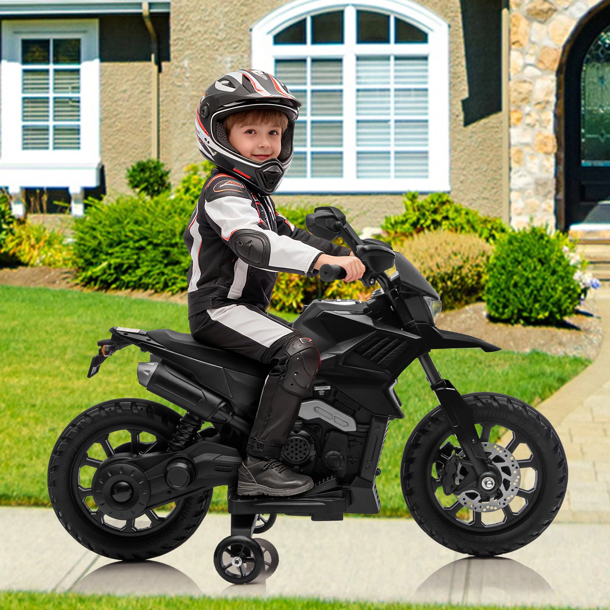 Enjyam 6v Electric Dirt Bike, Kids Ride on Motorcycle with Traning Wheels, 2-5 MPH, Headlight & Music