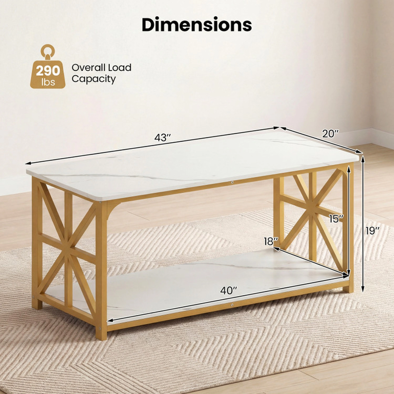 SUGIFT 43-in 290-lb Overall Capacity 2-Tier White and Gold Classic Coffee Table with X-Shaped Steel Frame