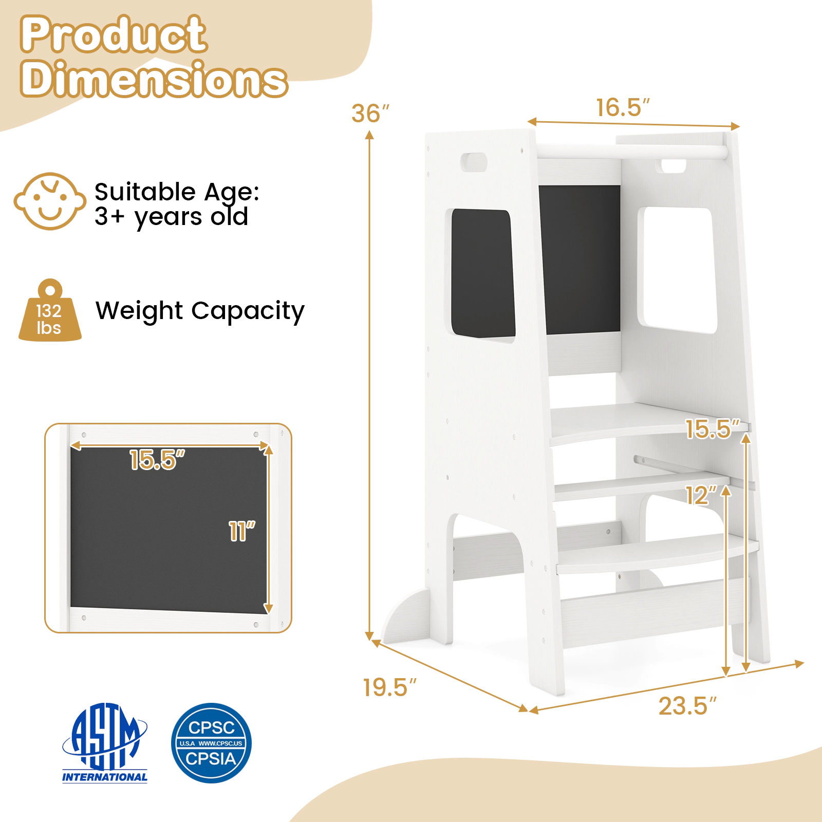 SUGIFT Toddler Kitchen Step Stool with Activity Chalkboard and Adjustable Height 132-lb Capacity Ages 3+ Natural/White