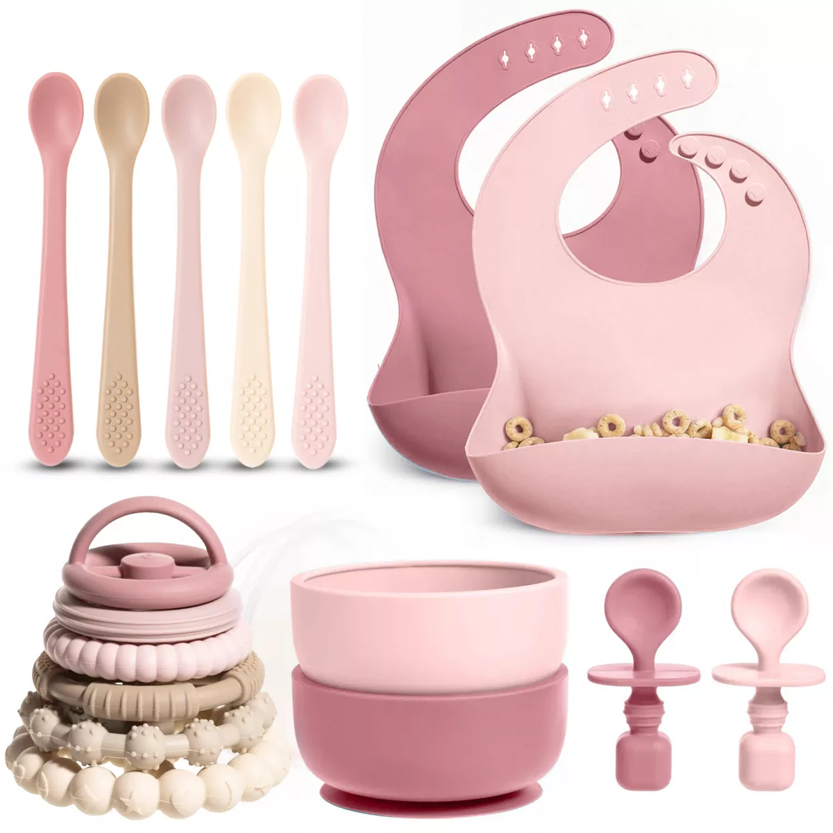 Sperric Silicone Baby Essentials Bundle - Stacking Toy, Feeding Bibs, Suction Bowls w/ Spoons & First-Stage Spoons