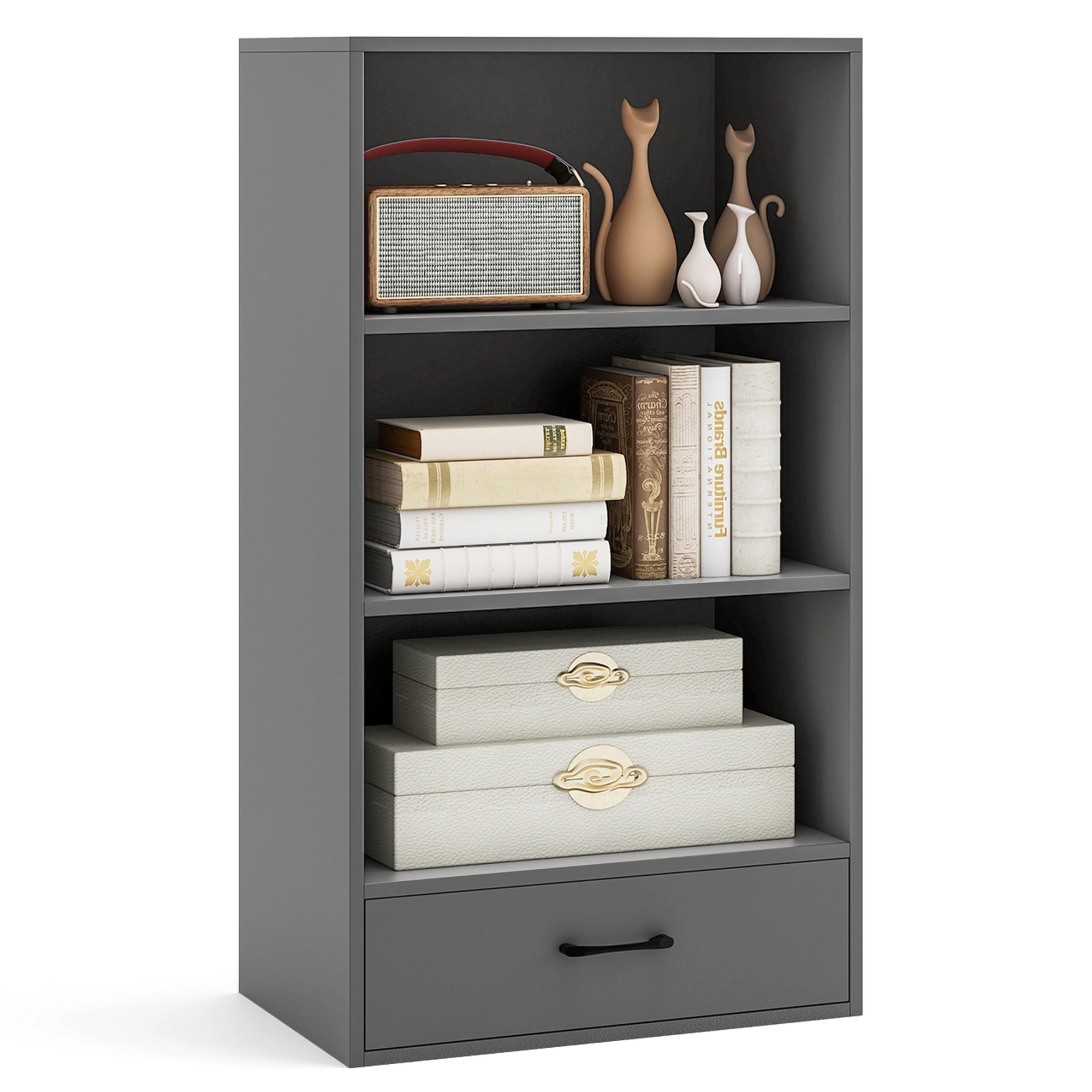 Costway 42'' Tall 4-tier Storage Shelf Wood Bookcase with Drawer Home Organizer Display Rack Black