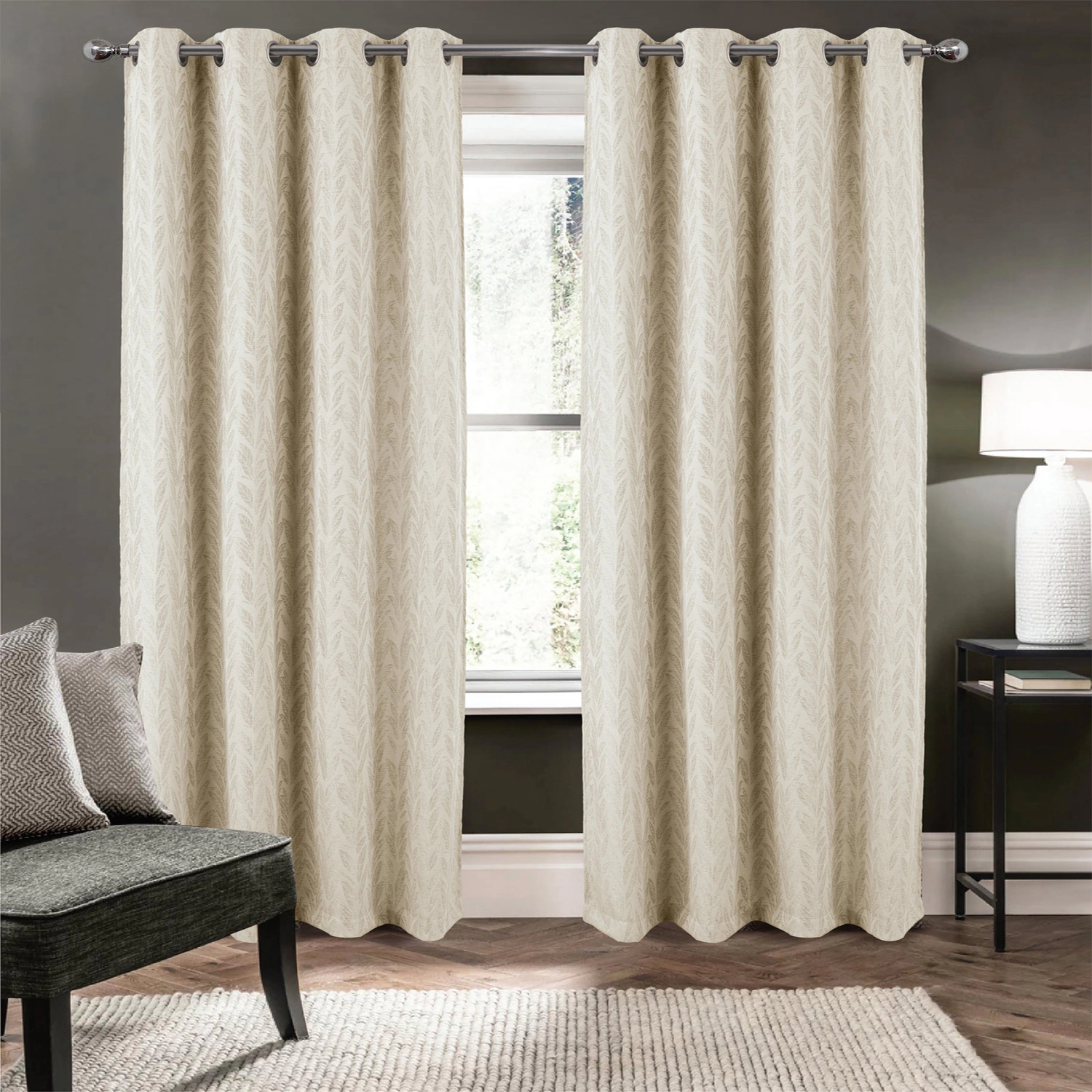 RT Designers Collection 100% Polyester 270 GSM Reba Luxury Jacquard Blackout Grommet Curtain Panel 54" x 90" Ivory