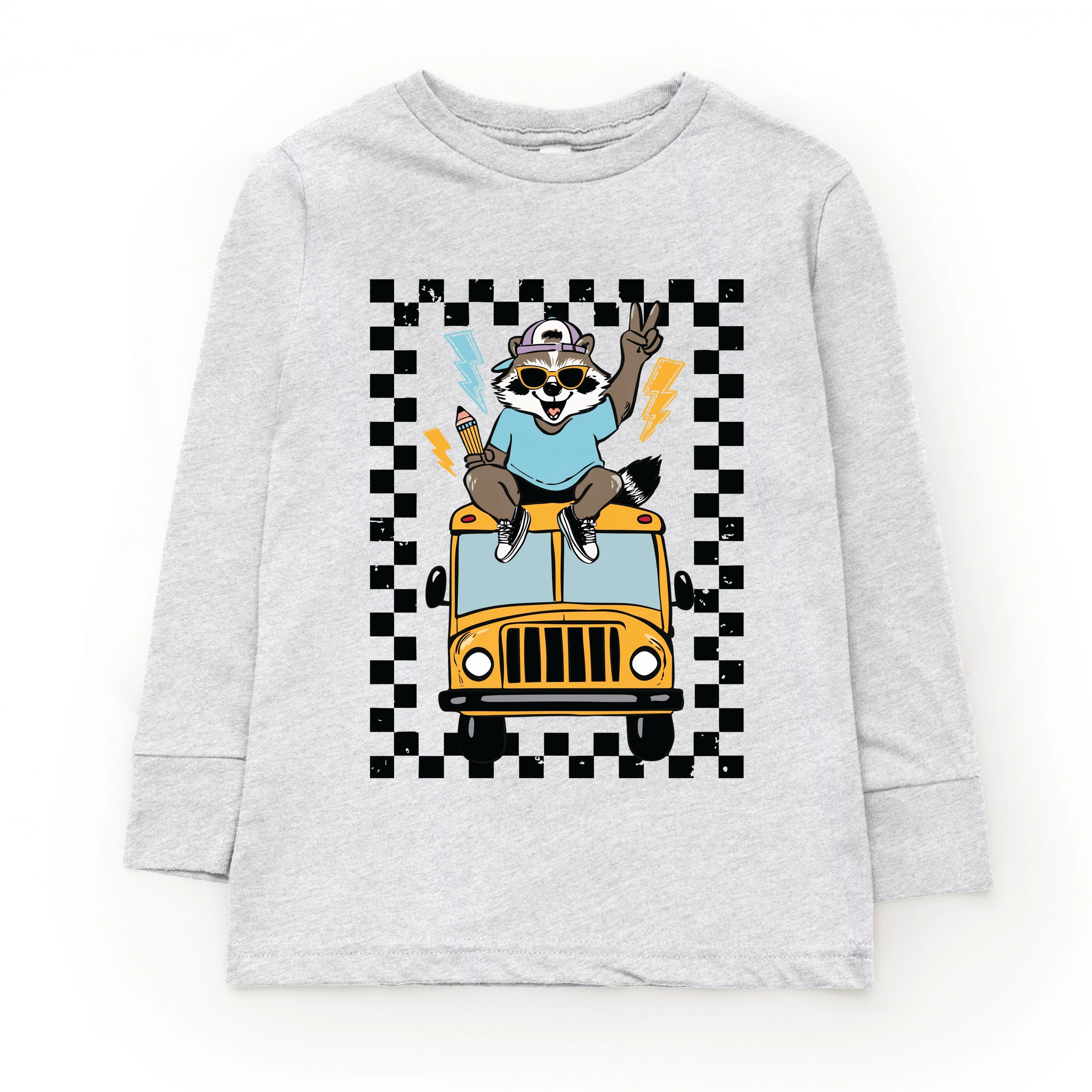 The Juniper Shop - Youth Long Sleeve Graphic T-Shirt Racoon School Bus Lightning