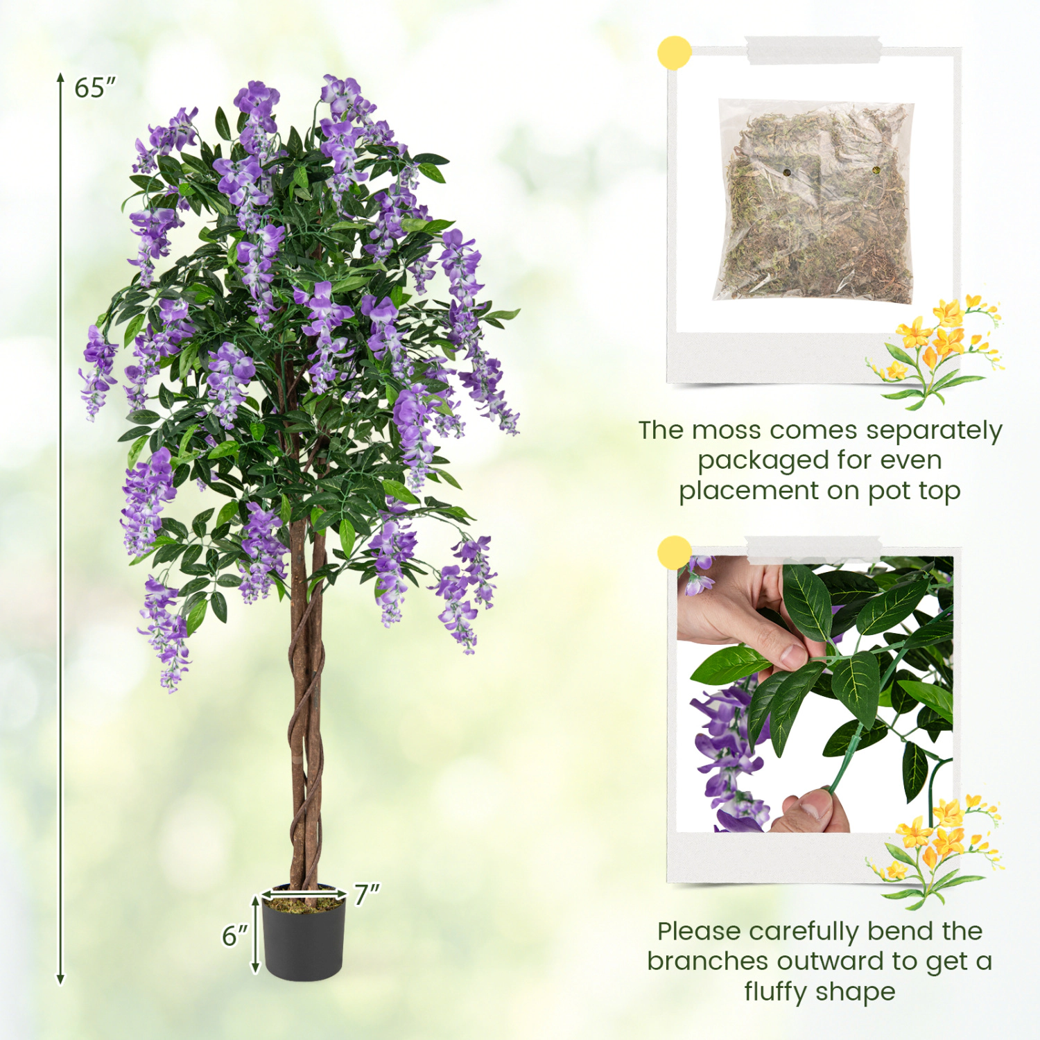Slickblue Artificial Wisteria Tree 65in Set of 2 Purple Hanging Flowers in Planter Floor Decor