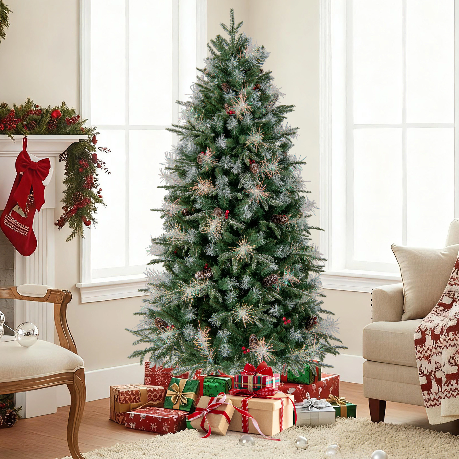 Costway 5/6/7 FT Artificial Christmas Tree with 602/806/1072 Branch Tips, 190/270/350 Warm LED Lights
