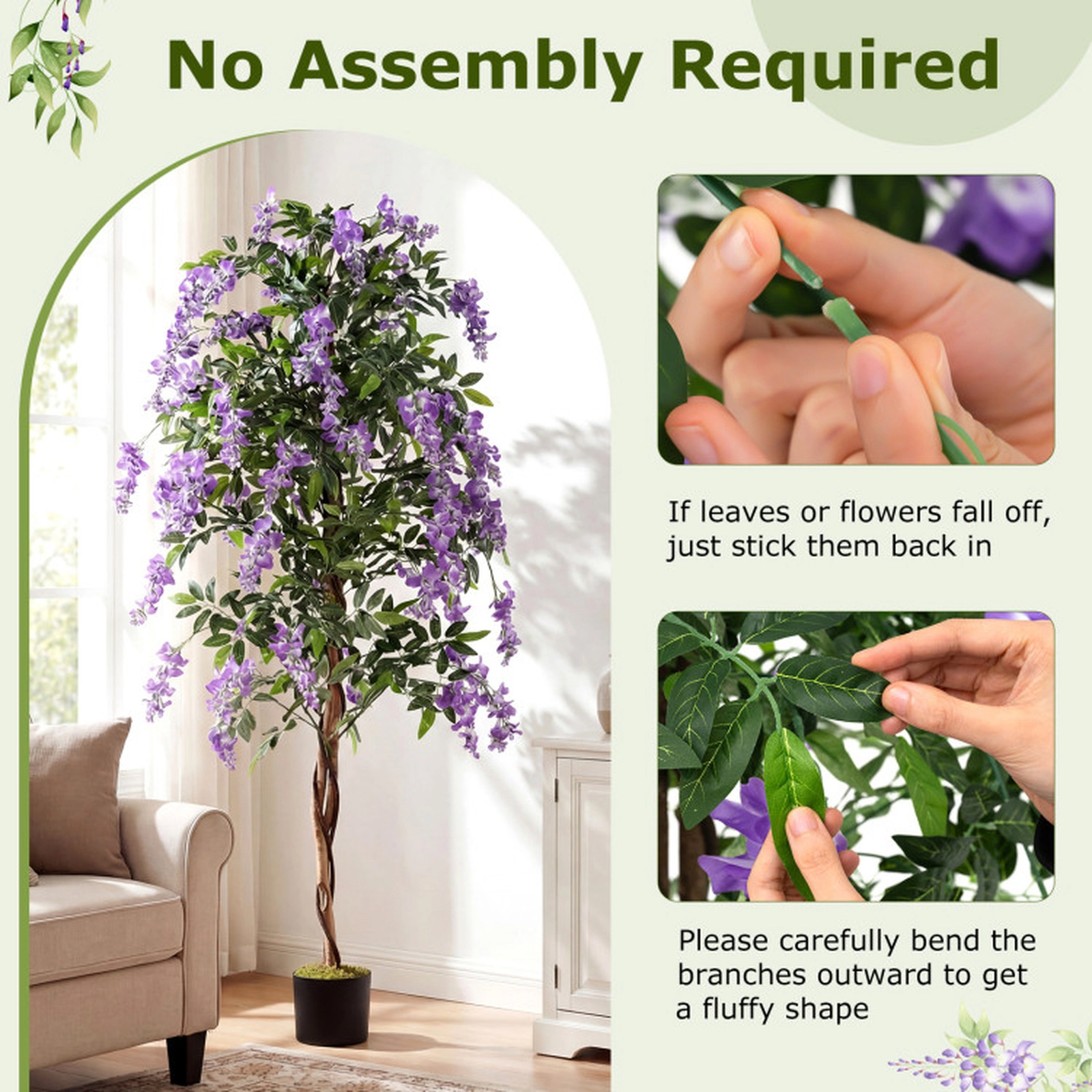 SUGIFT Set of 2 6-ft 1260 Leaves Bendable Branches Artificial Wisteria Trees 7-in x 6-in Pot 20-lb Purple