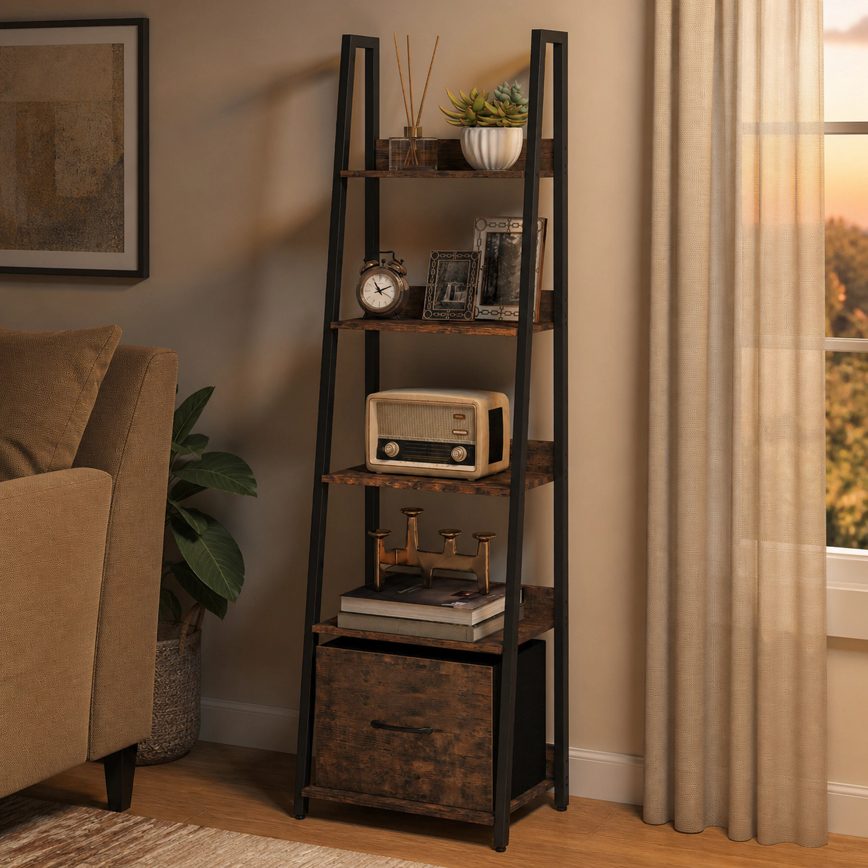 SUGIFT 5-Tier 56-in Tall Narrow Ladder Shelf Bookshelf with Fabric Drawer and 2.5-in Anti-Falling Baffles